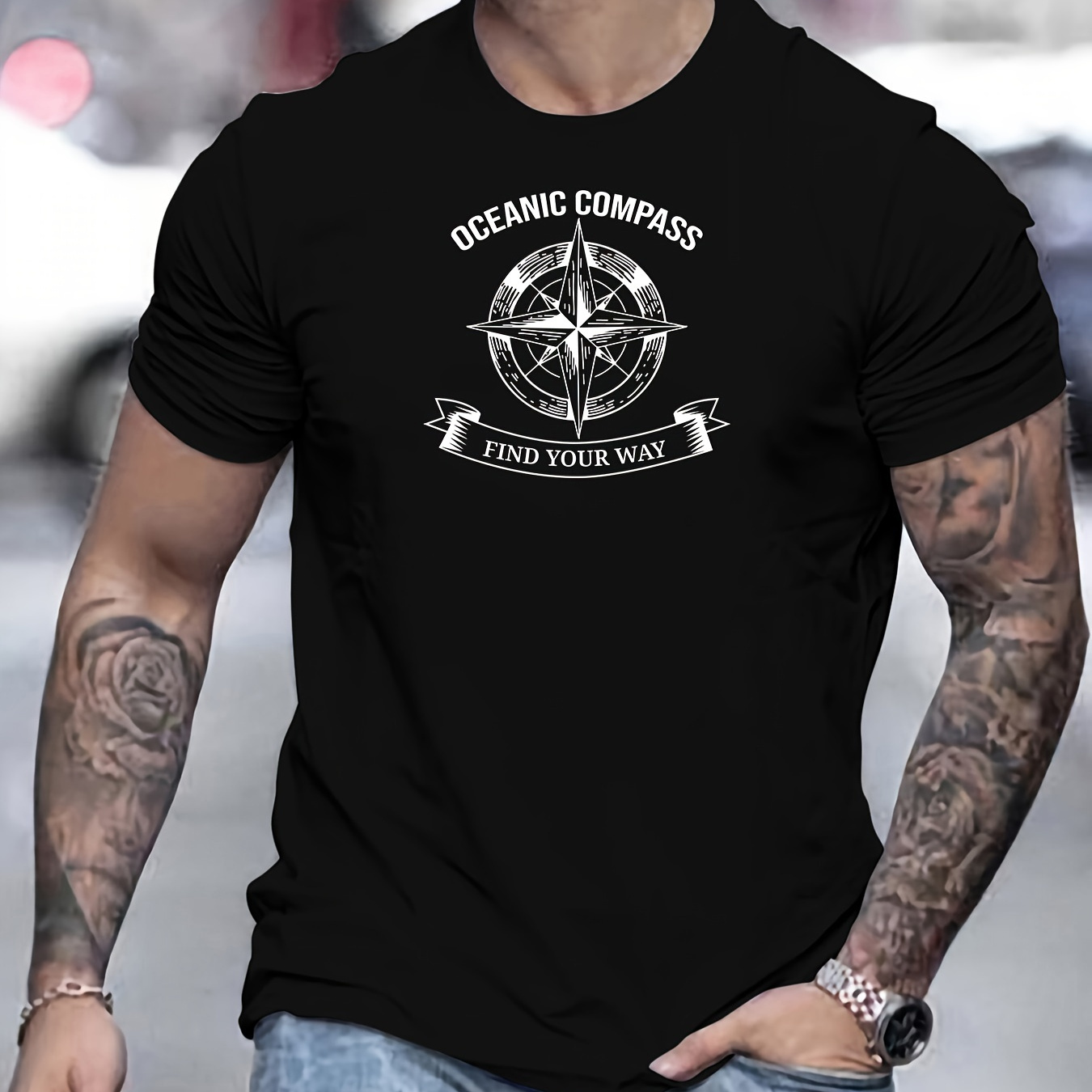 

Oceanic Compass Creative Print, Men's Casual Round Neck Cotton T-shirt, Simplistic Style, Comfortable Fit For Everyday Wear