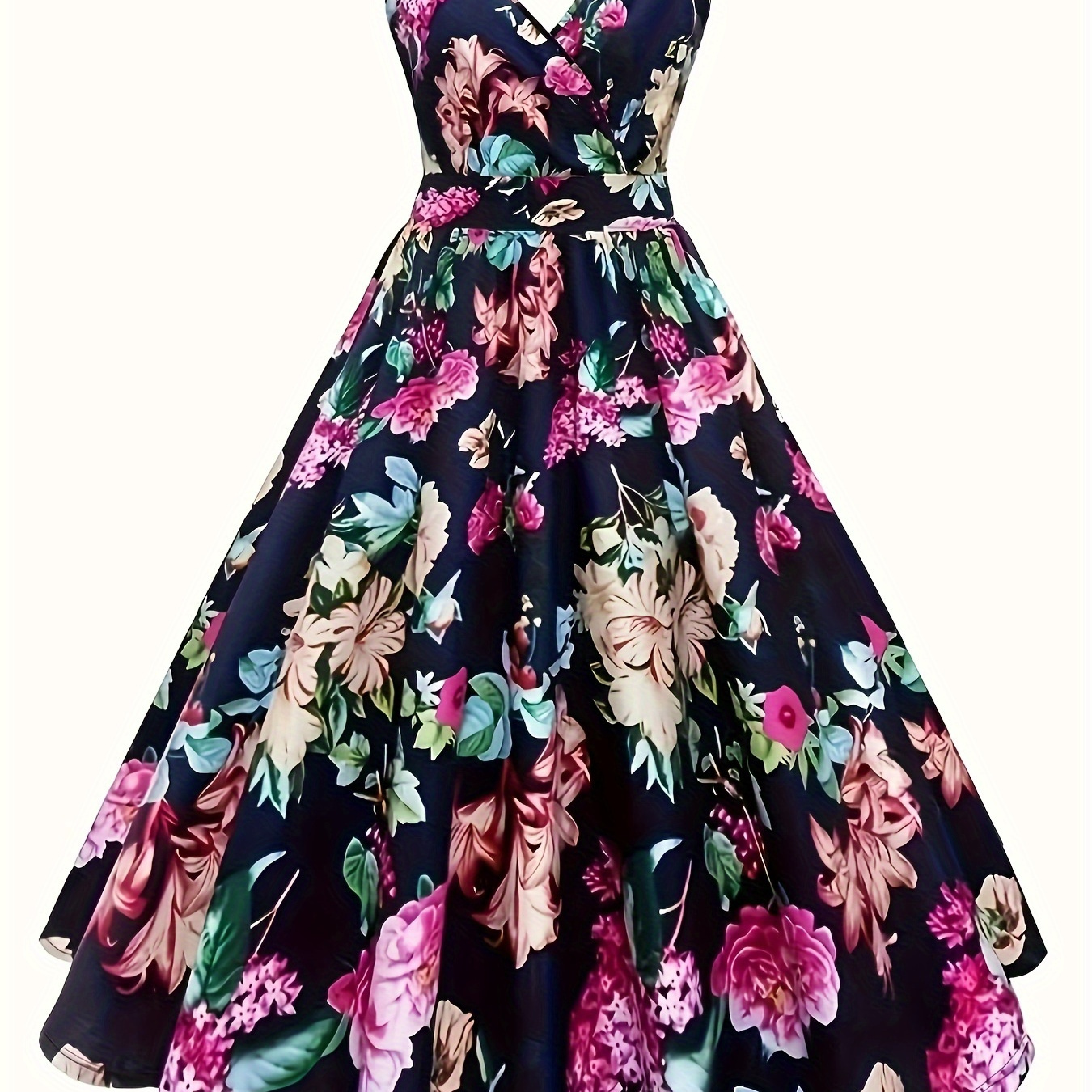 

Robe Débardeur à Imprimé Floral et Col en V, Robe Élégante Manches à Motif de Fleurs en A pour & l'Été, Vêtements pour Femmes