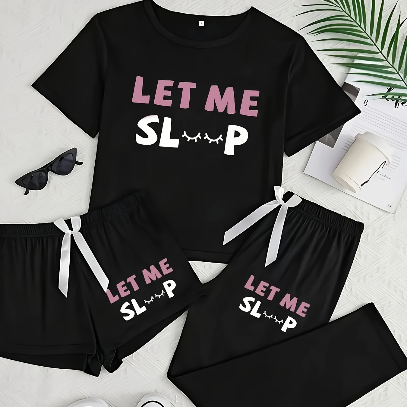 

Women' Casual Lettering Slogan And Eyelash Pattern Printed Short-sleeved T-shirt And Bow-decorated Shorts And Long Pants -piece Pajamas Set