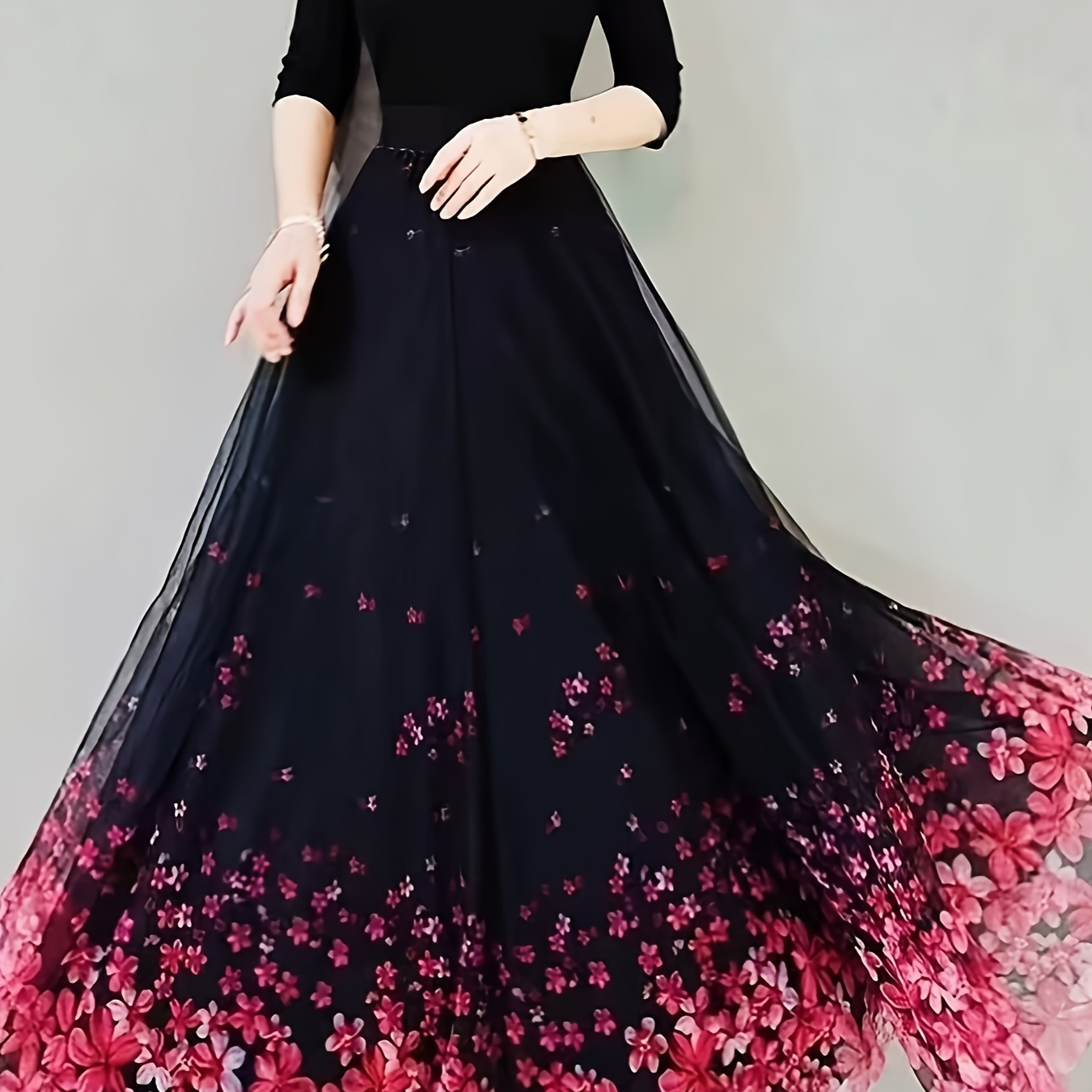 Black & Pink Floral Ombre Maxi Skirt