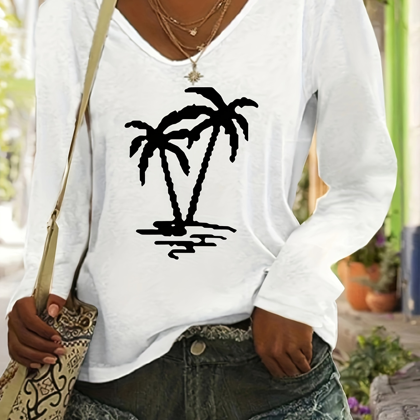 

Coconut Tree Print T-shirt, Long Sleeve V Neck Casual Top For Spring & Fall, Women's Clothing