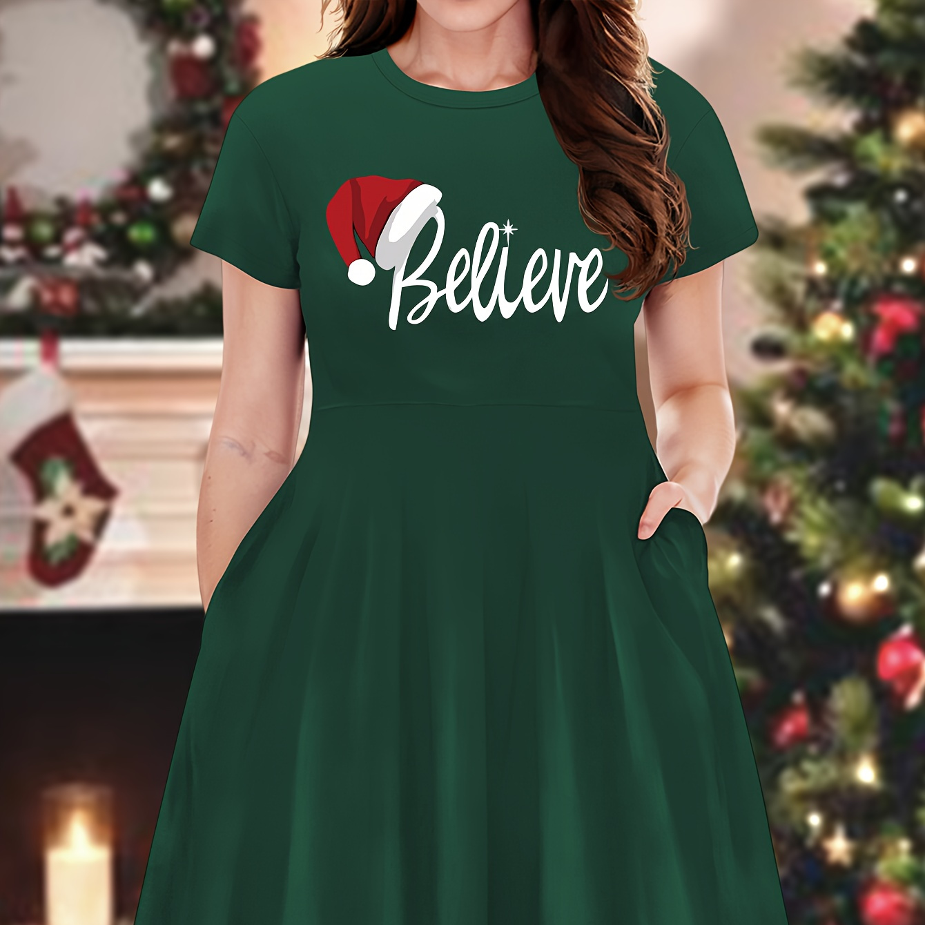 

Plus Size Christmas Letter Print Dress, Short Sleeve Crew Neck Causal Dress For Spring & Summer, Women's Plus Size Clothing