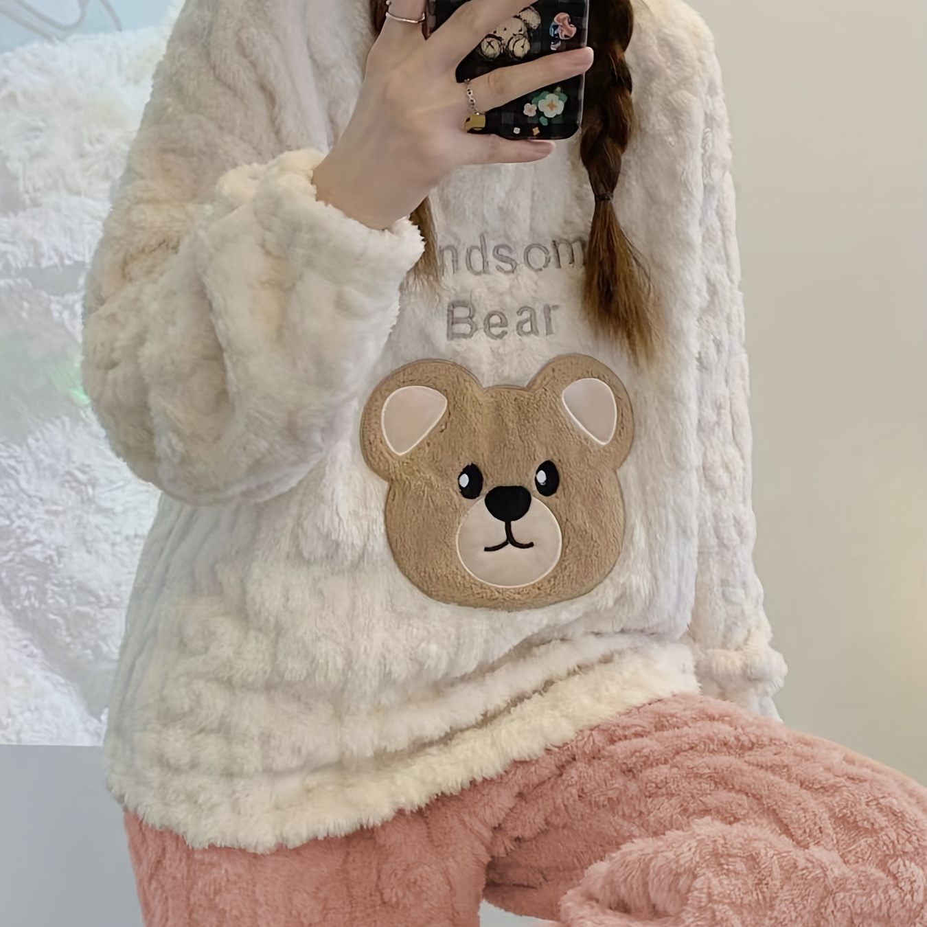 

[hot ] Fleece Set - Bear Embroidery, Long & Flannel Pants,