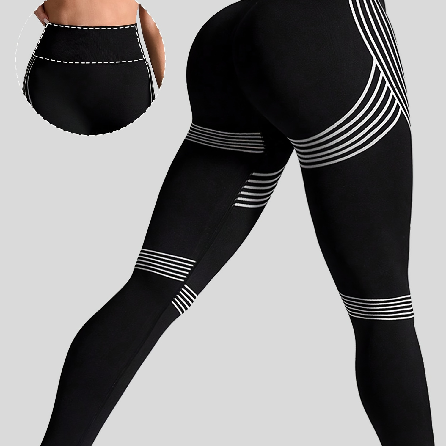 

Women's High Waist Tummy Control Leggings, Seamless Striped Jacquard Sports Pants, Breathable Knit Fabric, Stretchy Polyamide & Polyester Blend, Butt Lifting Workout For All