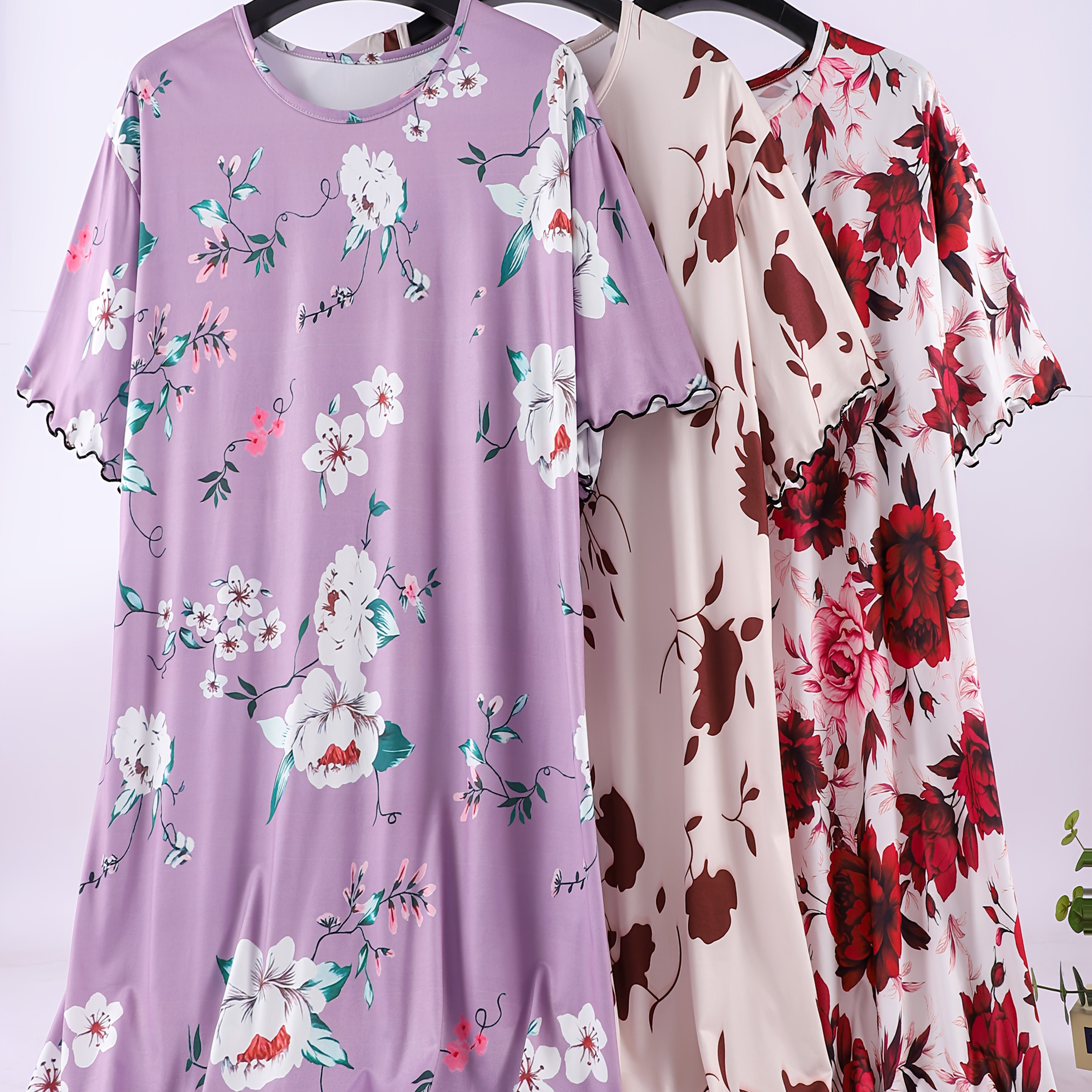 

3pcs Short-sleeved Summer Sleeve Sleep Dress Loose Large Size Women's Round Neck Short Sleeve Summer Floral Comfortable And Home Clothes Print Drooping Shoulder Sleep Dress With Rolled