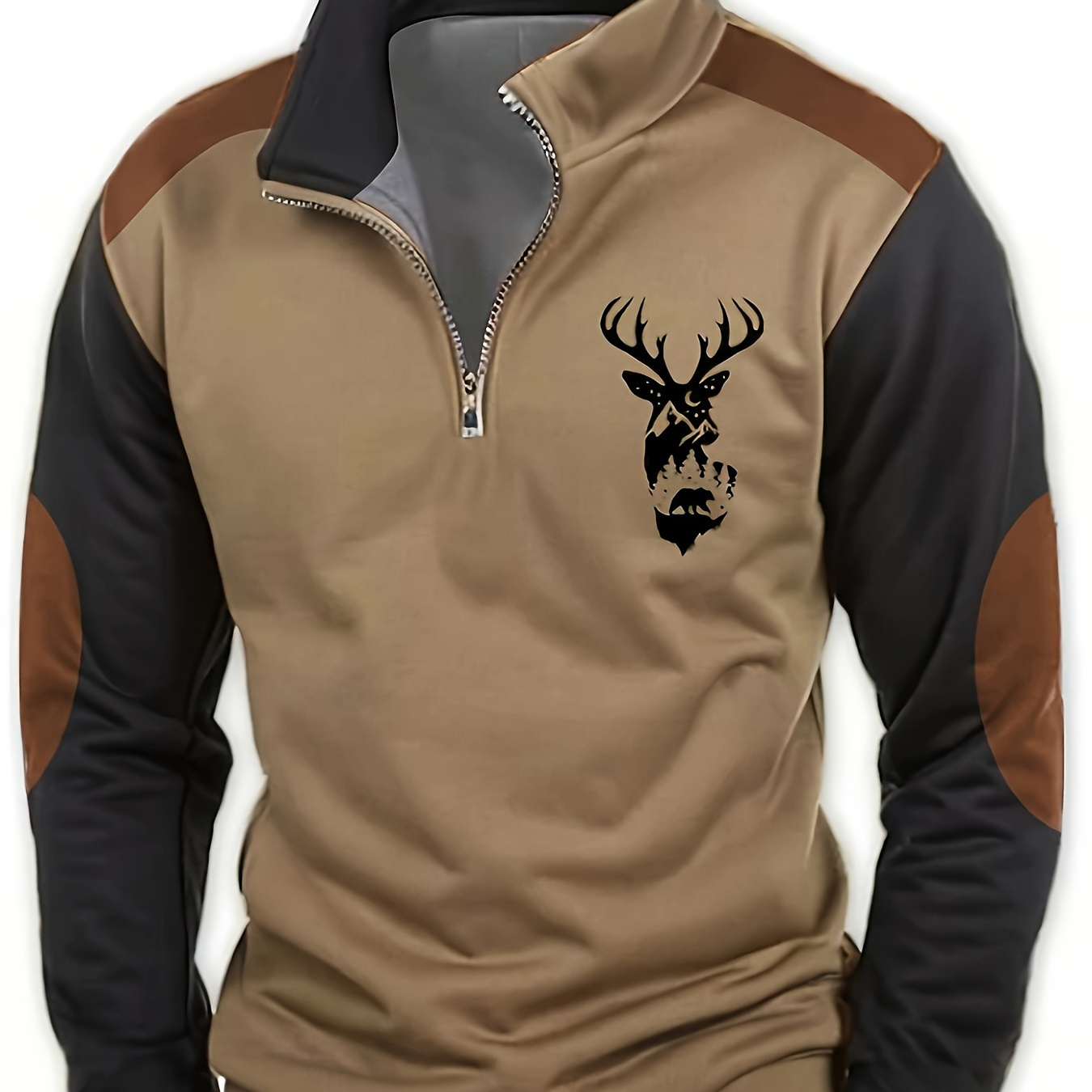 

Men's Deer Golf Shirt, Casual Half Zipper Stand Collar Long Sleeve Shirt For Outdoor