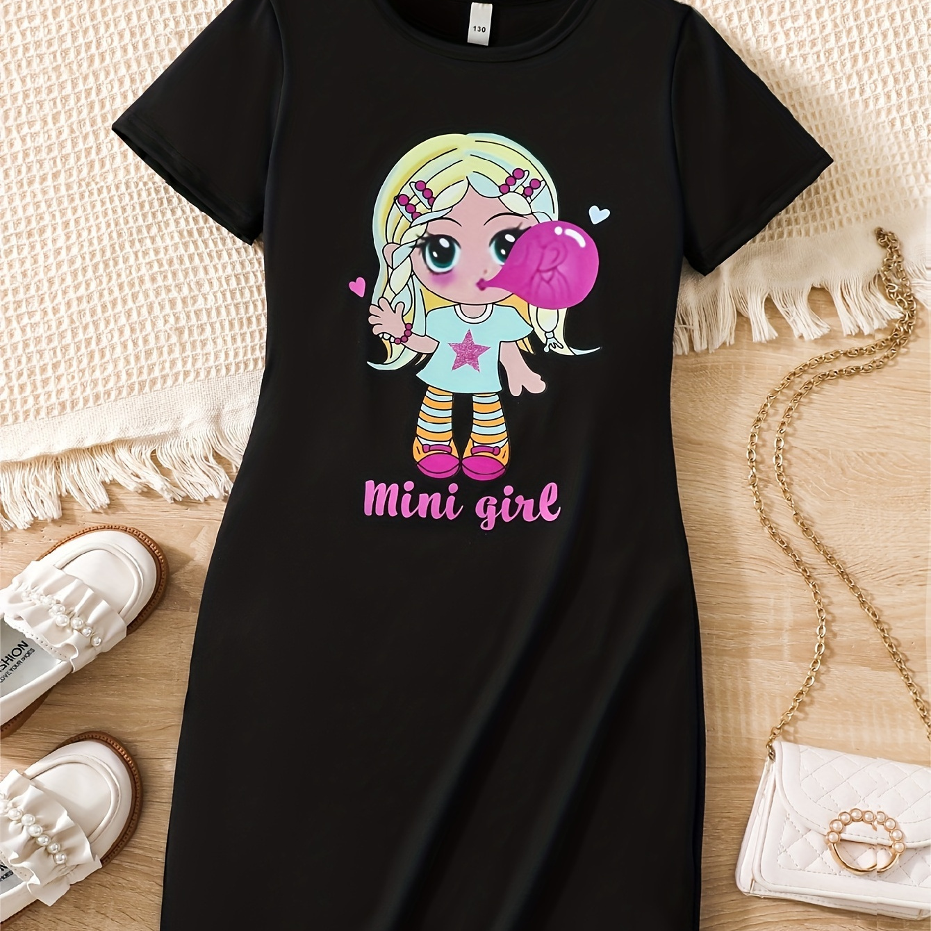 

Cartoon Girl Graphic Crew Neck Short Sleeve Dresses For Girls Summer, Girl's Clothing