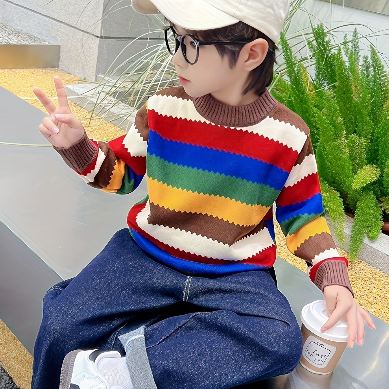 

Boys' Casual Crew Neck Striped Pullover Sweater - Fall/winter Collection, Long Sleeve Knitted Top With Medium Stretch, Polyester Blend (96.3% Polyester, 3.7% Elastane) For Children Over 3 Years Old