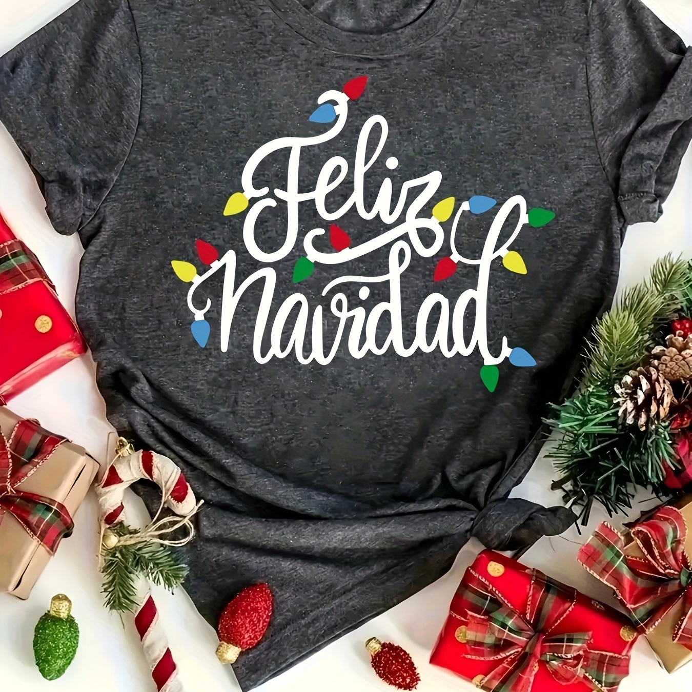 

Christmas-themed Teacher's Back-to-school Casual T-shirt - Soft , Crew Neck, Short Sleeve, Women's Fashion Top