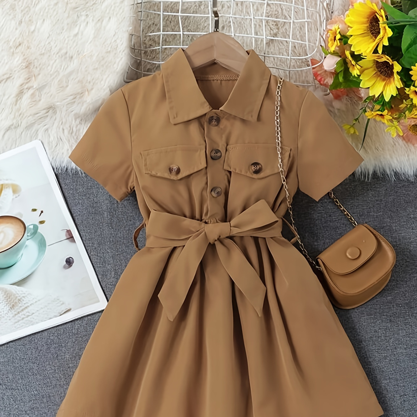 

Girls' Casual Collared Button Down Belted Dress, Girls Dresses For Party Holiday Gifts Kids Clothing