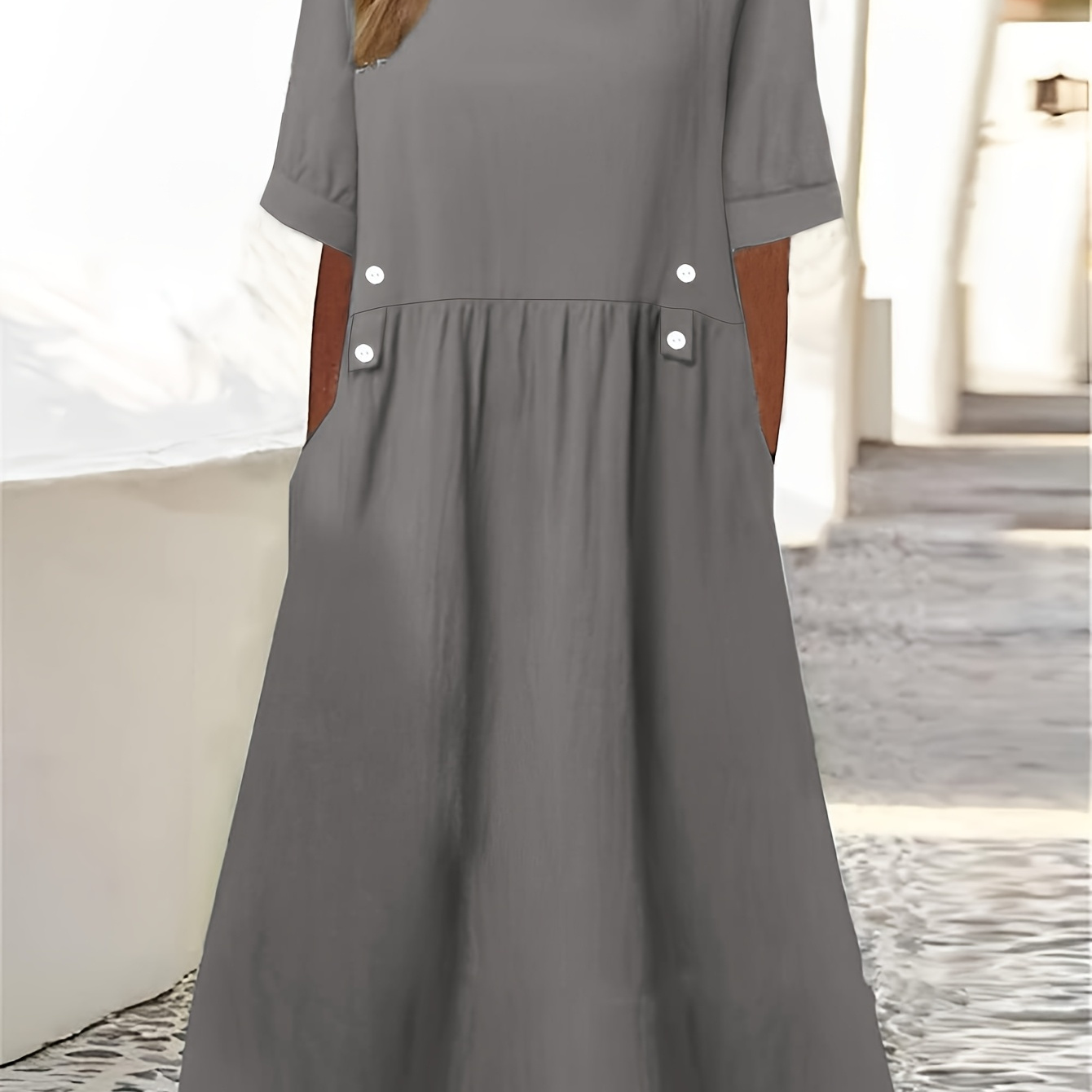 

Elegant Summer Maxi Dress For Women - Short Sleeve, Round Neck With Button Detail, Machine Washable, High-grade, Long