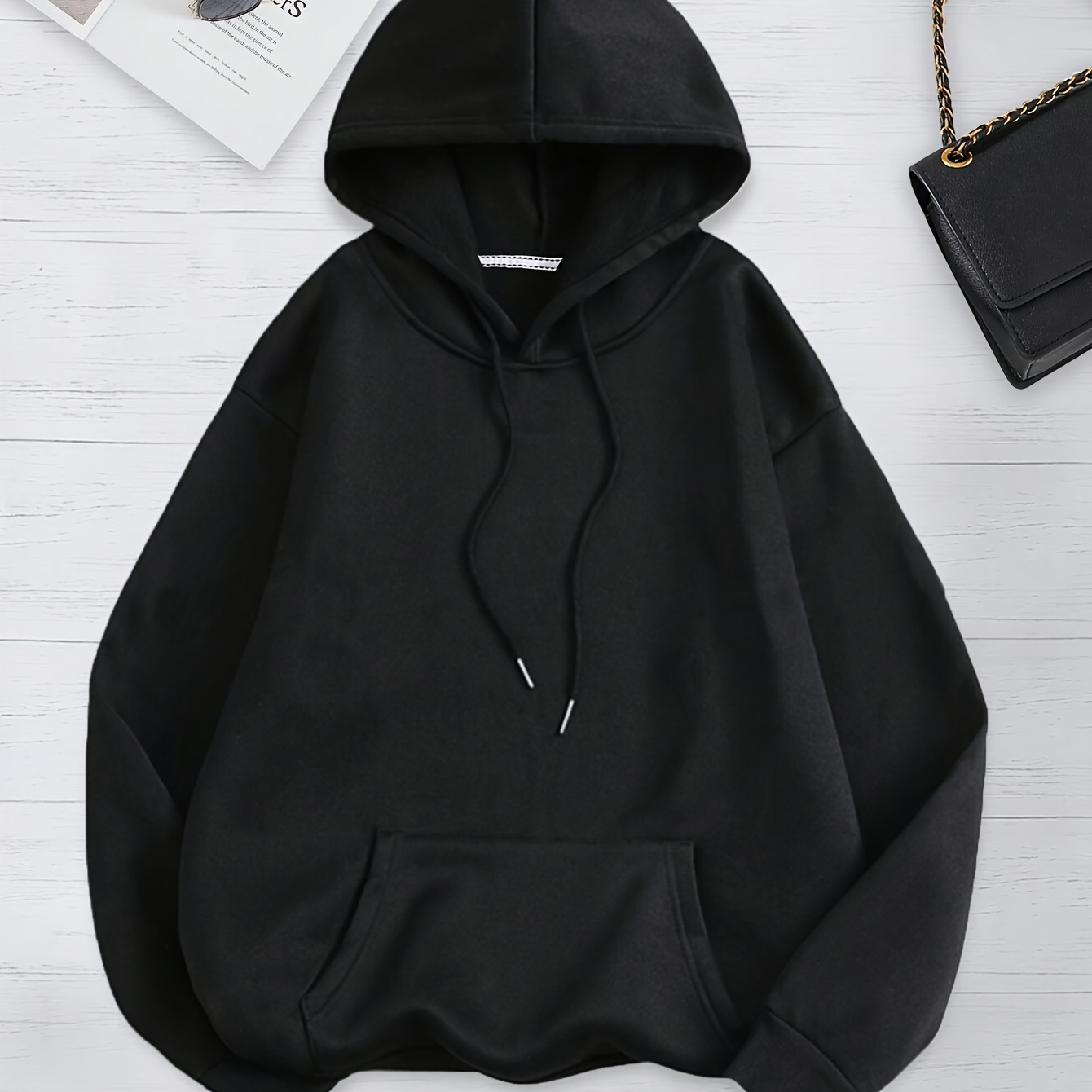 

Solid Color Drawstring Hoodie, Casual Long Sleeve Hooded Sweatshirt With Kangaroo Pocket For Fall & Winter, Women's Clothing