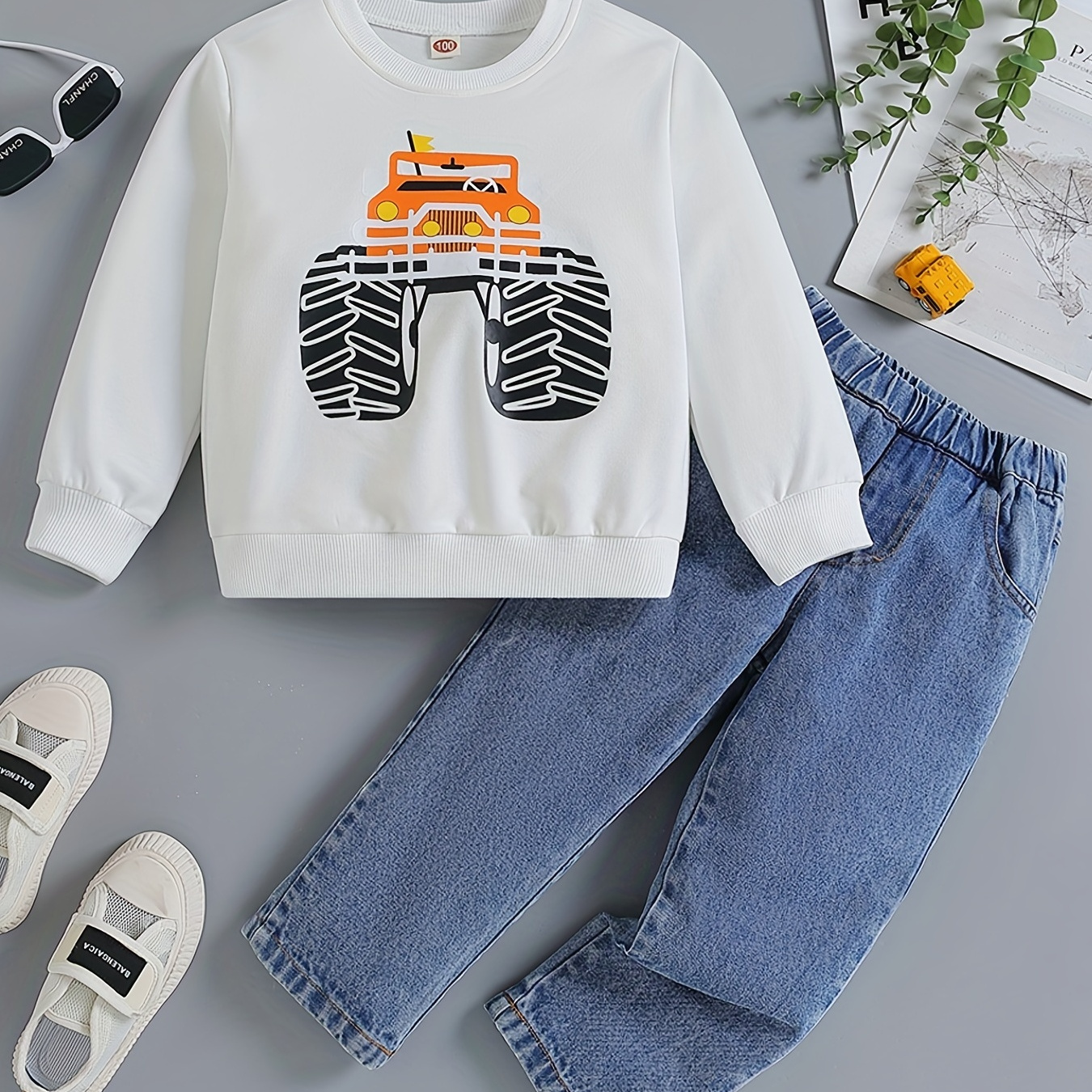 

2pcs Boy's Casual Jeans Outfit, Sweatshirt & Denim Pants Set, Truck Print Long Sleeve Top, Toddler Kid's Clothes For Spring Fall Winter