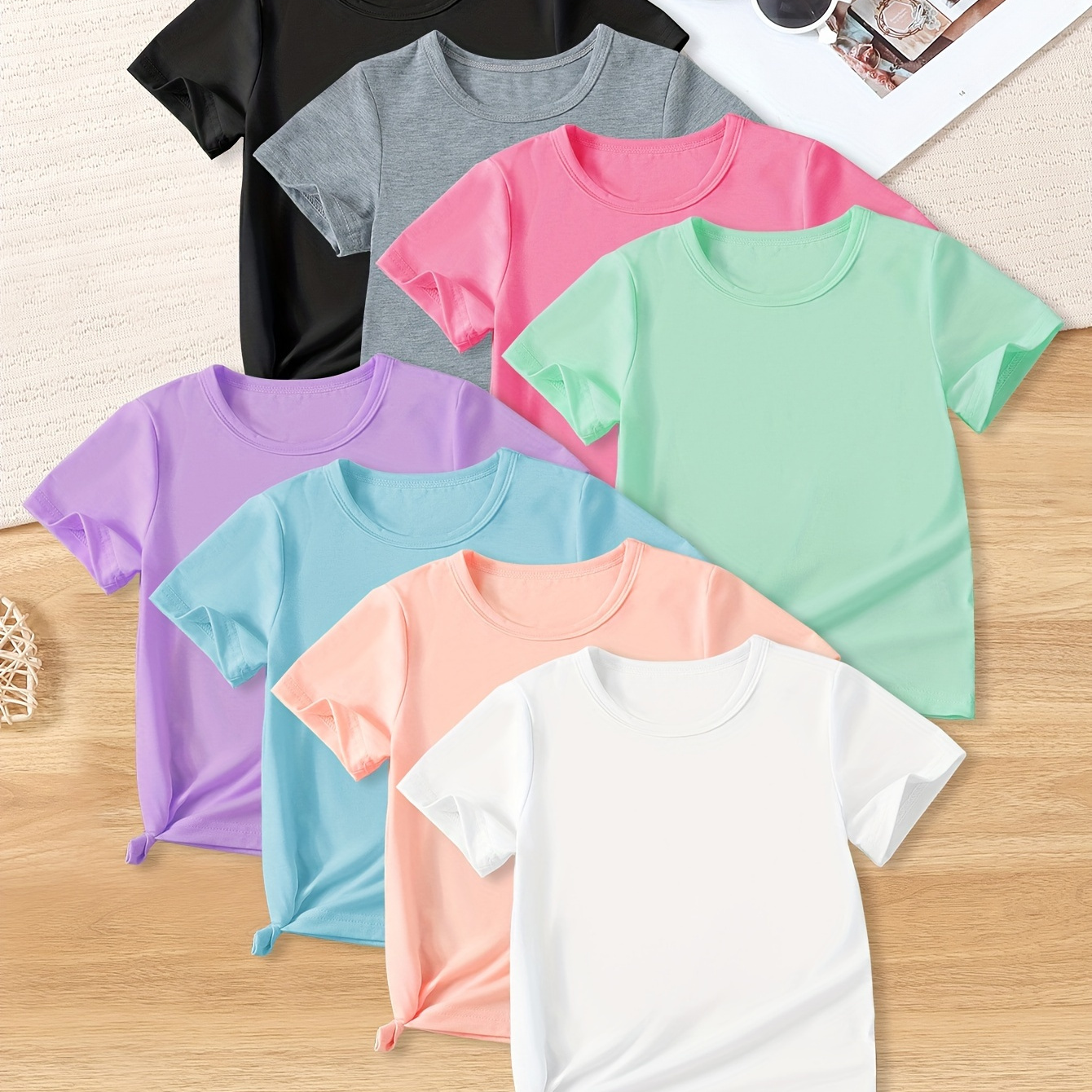 

Girls 8pcs/set Casual & Comfy Solid Colored Tees For Spring & Summer