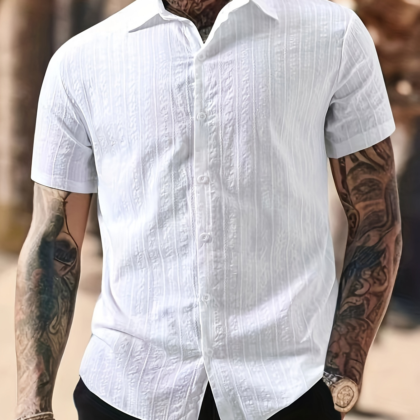 

Men's Trendy Cotton Solid Short Sleeve Button Up Lapel Shirt For Summer Daily, Perfect For Golf & Outdoor Sports, Stylish Hawaiian Style Collared Top