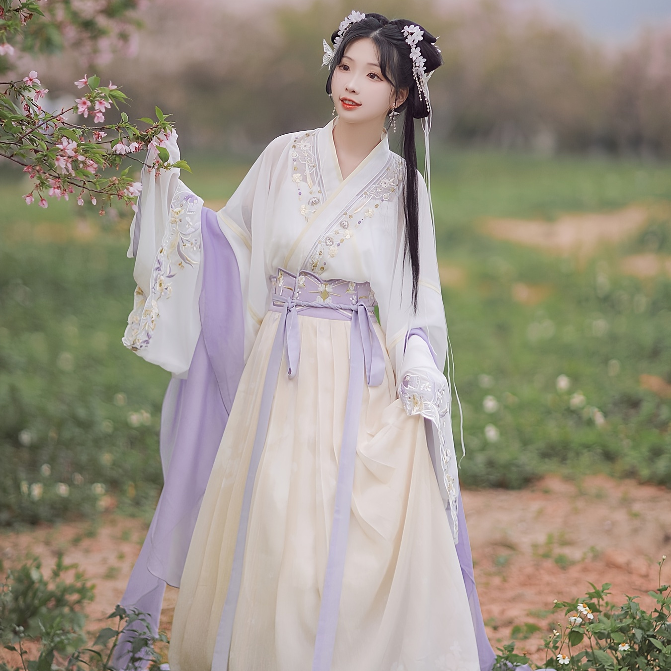 Chinese Cosplay Hanfu Floral Print Autumn Tie Waist Pleated Skirts ...