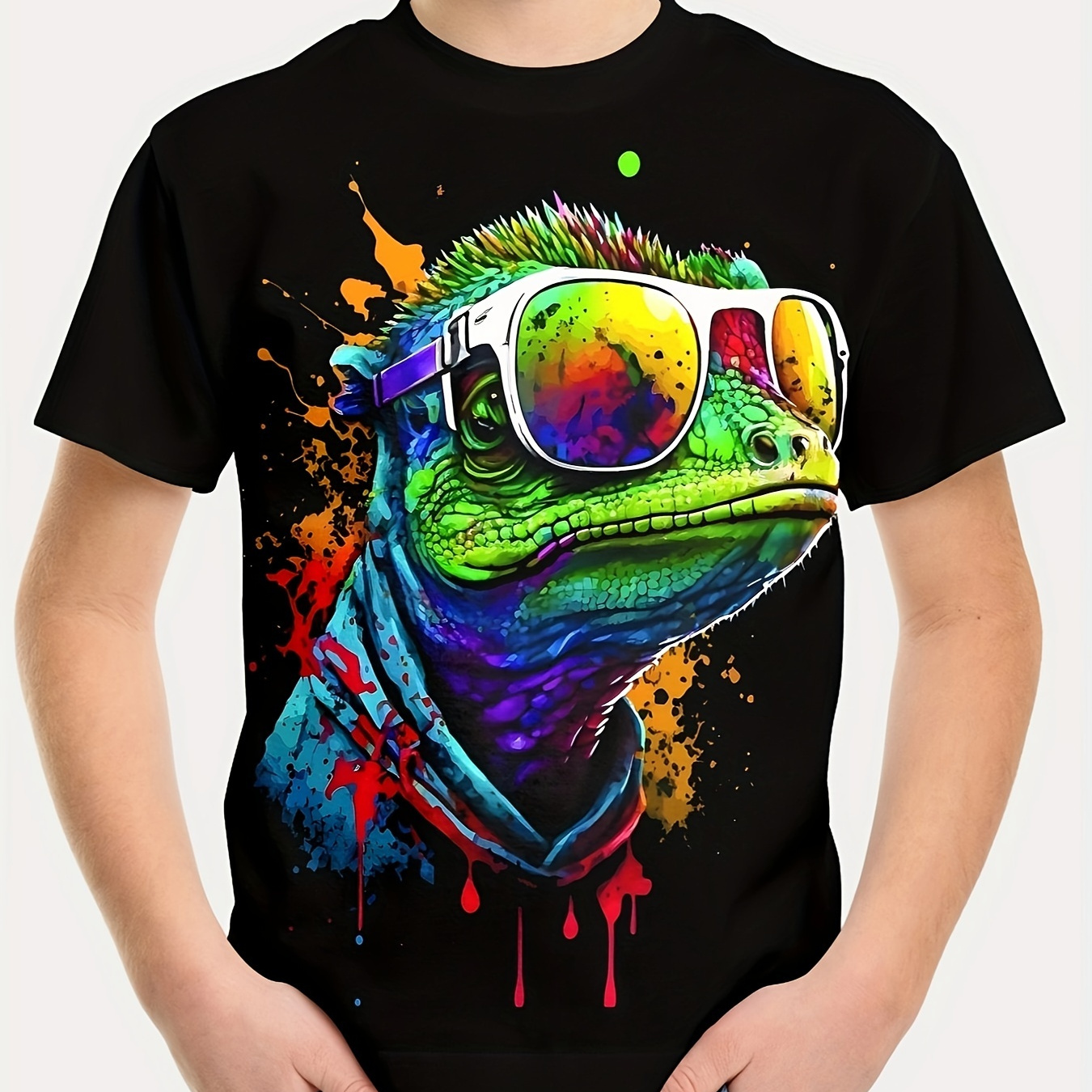 

Chameleon With Sunglasses 3d Print Boy's Casual T-shirt, Short Sleeve Comfy Tee Tops, Summer Outdoor Sports Clothing