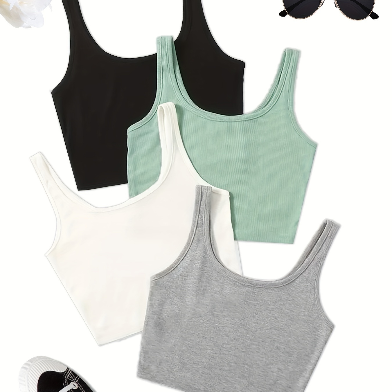 4 Pcs Set Crop Tank Top, Casual Basic High Stretch Summer Workout Yoga Gym Tank Top, Women's Clothing