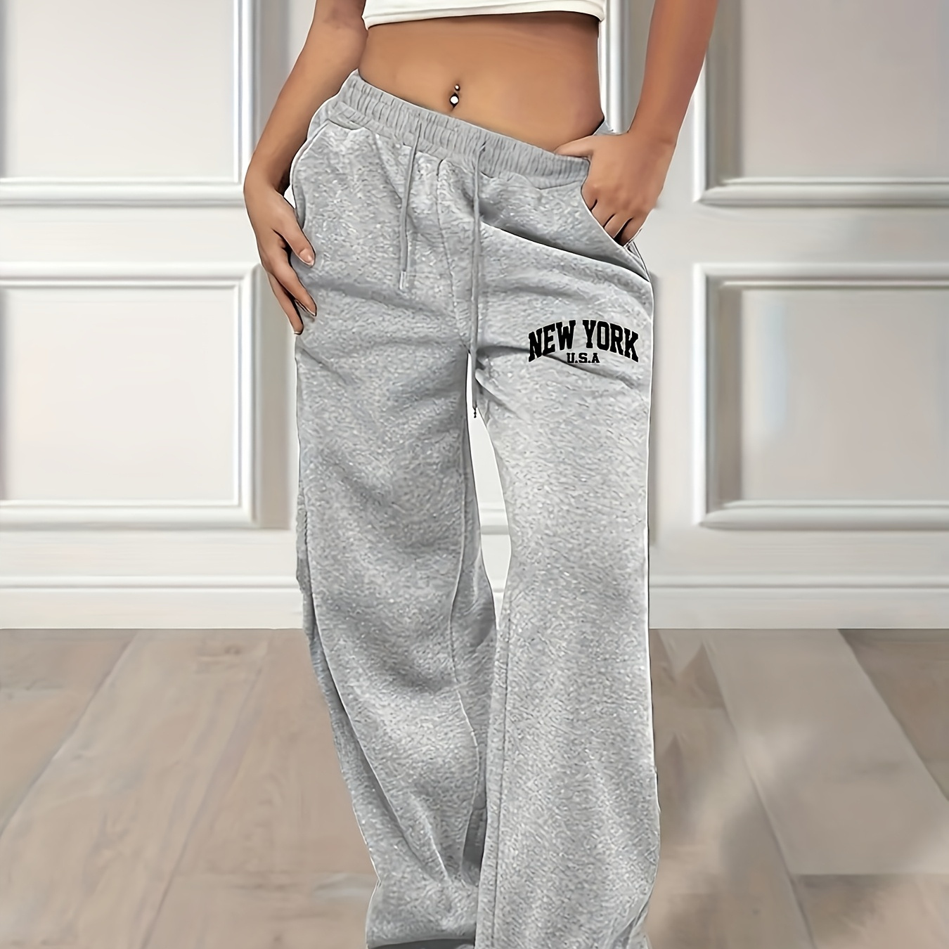 

Women's Casual Loose Sweatpants, Monochrome Corseted Athletic Trousers, Polyester, Machine Washable - Fall/winter