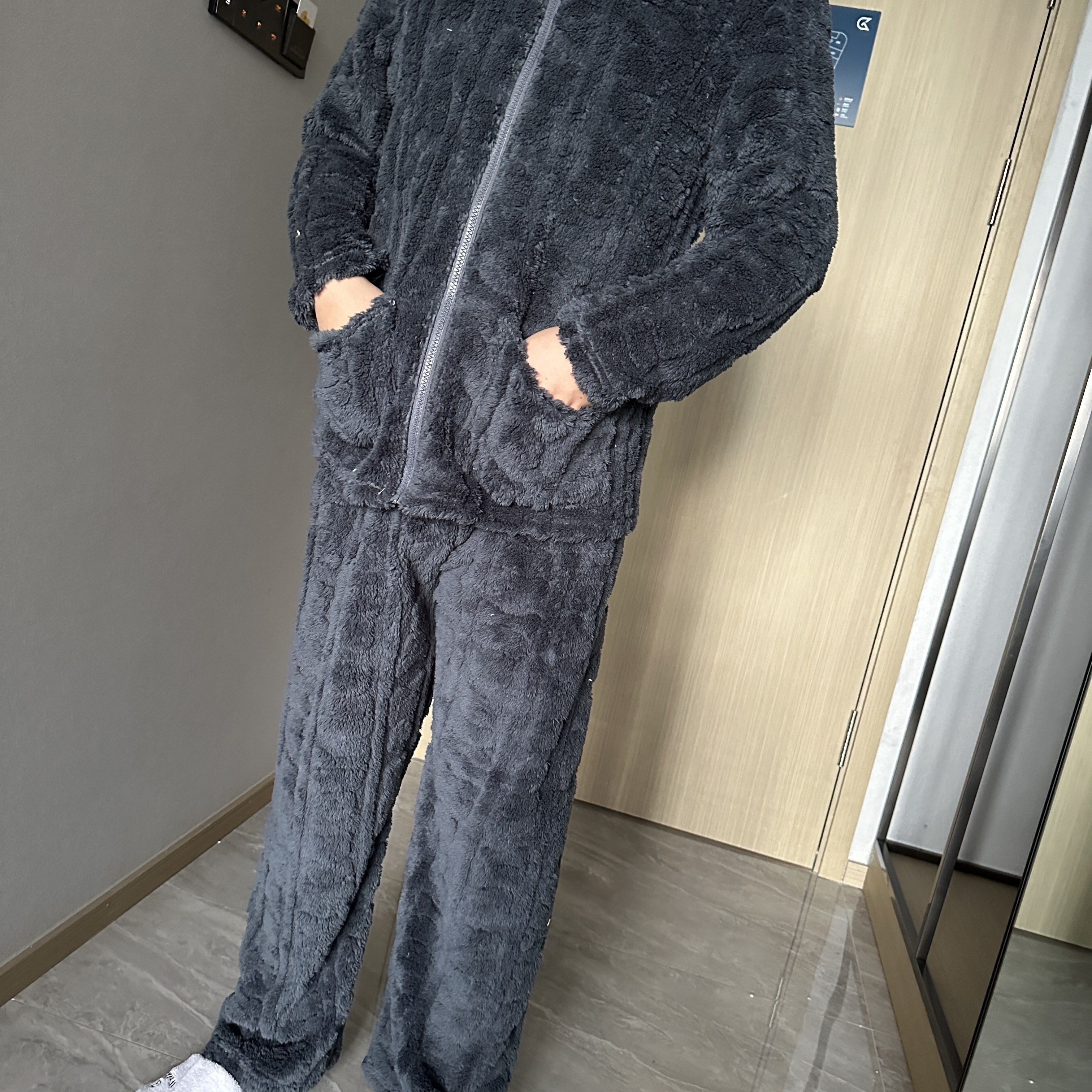 

Ensemble Pyjama en Confortable pour Hommes - Veste et Pantalon Épais et Chauds à Fermeture Éclair pour Automne/Hiver, Vêtements de Détente de Couleur Unie