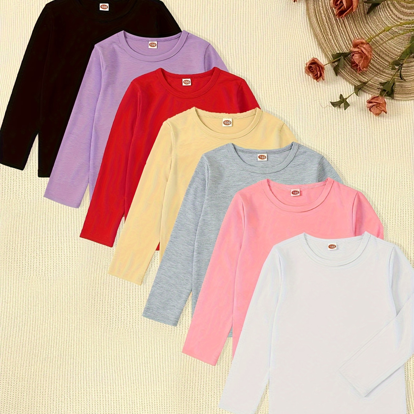 

7pcs Girl's Solid Color Comfy Long Sleeve Tee Shirt For Everyday And Outdoors, Versatile Round Neck Top, Best Autumn Winter Option