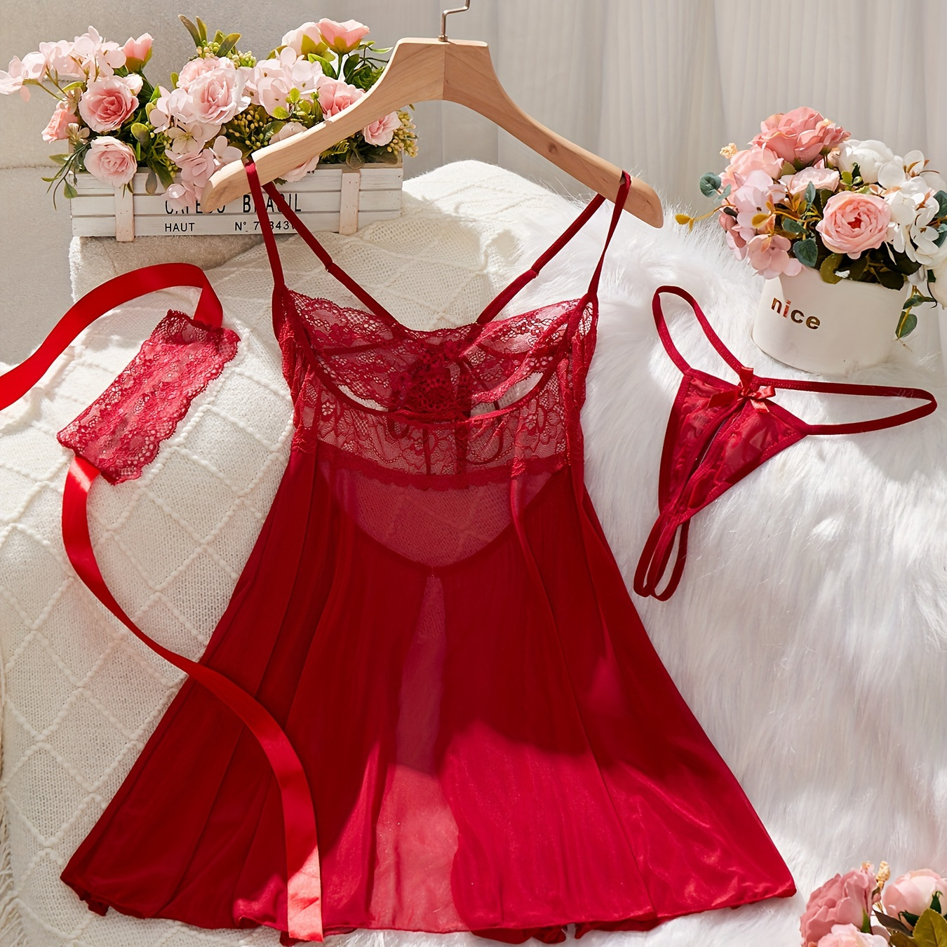 

Women's Sexy Solid Red Lingerie Set, Babydoll Dress, G-string Panty & Eye Mask, Sheer Lace Detail, Satin Ribbon Accents For Boudoir - Seductive Bedroom Attire