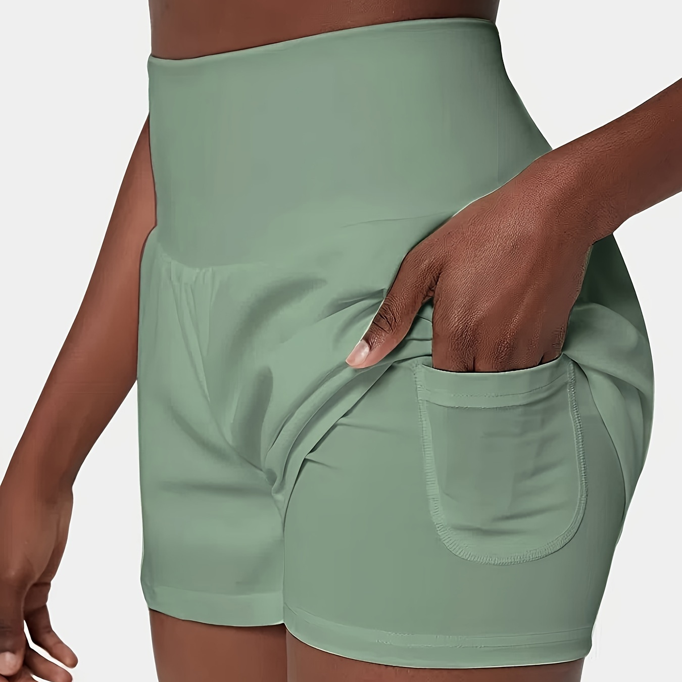 

Faux Twinset Solid Color Shorts, Casual High Waist Pocket Workout Shorts For Spring & Summer, Women's Clothing
