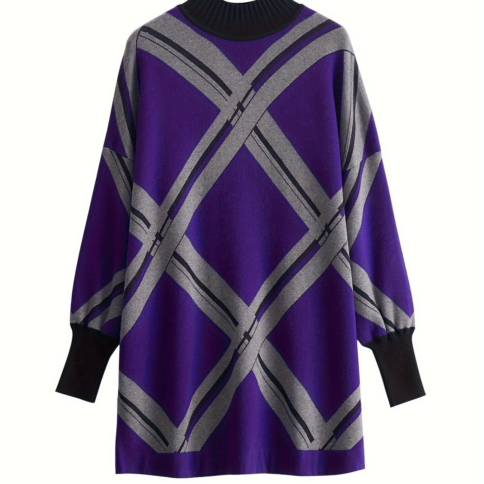 

Elegant Diamond-pattern Knit Sweater For Women - Cozy Long Sleeve, Round Neck Pullover In Contrasting Colors, Fall/winter