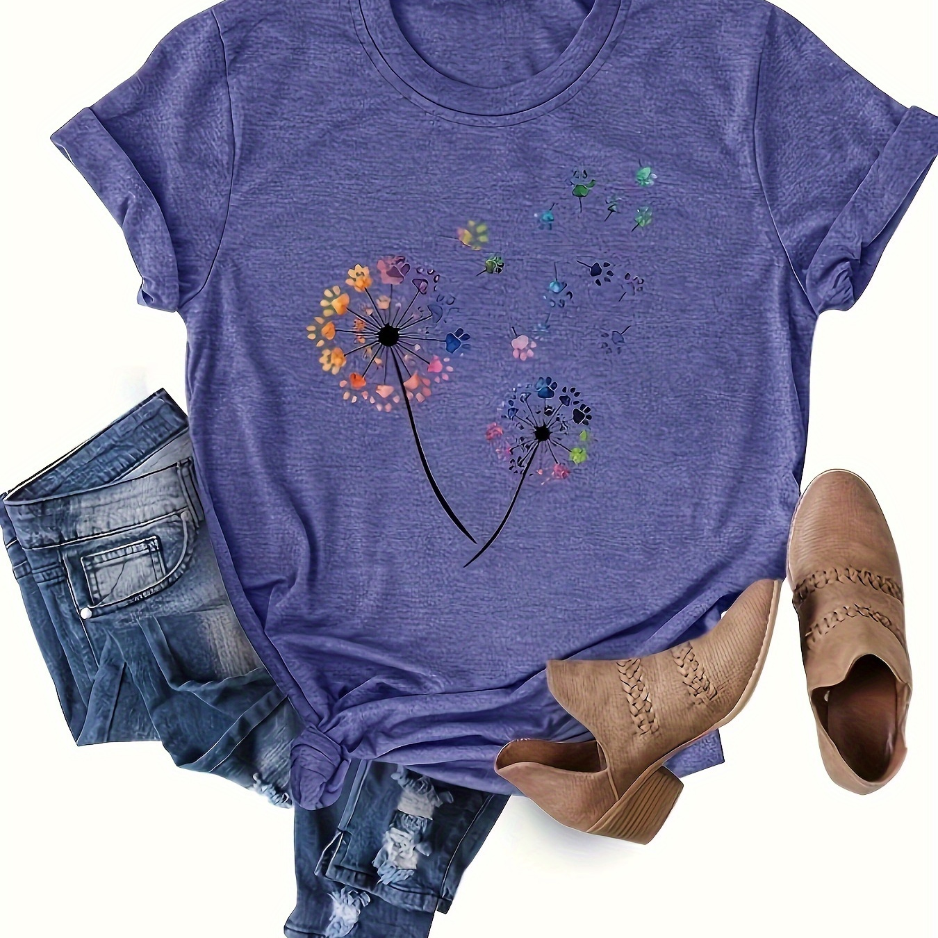 

Dandelion & Paw Print T-shirt, Casual Short Sleeve Crew Neck Top, Women's Clothing