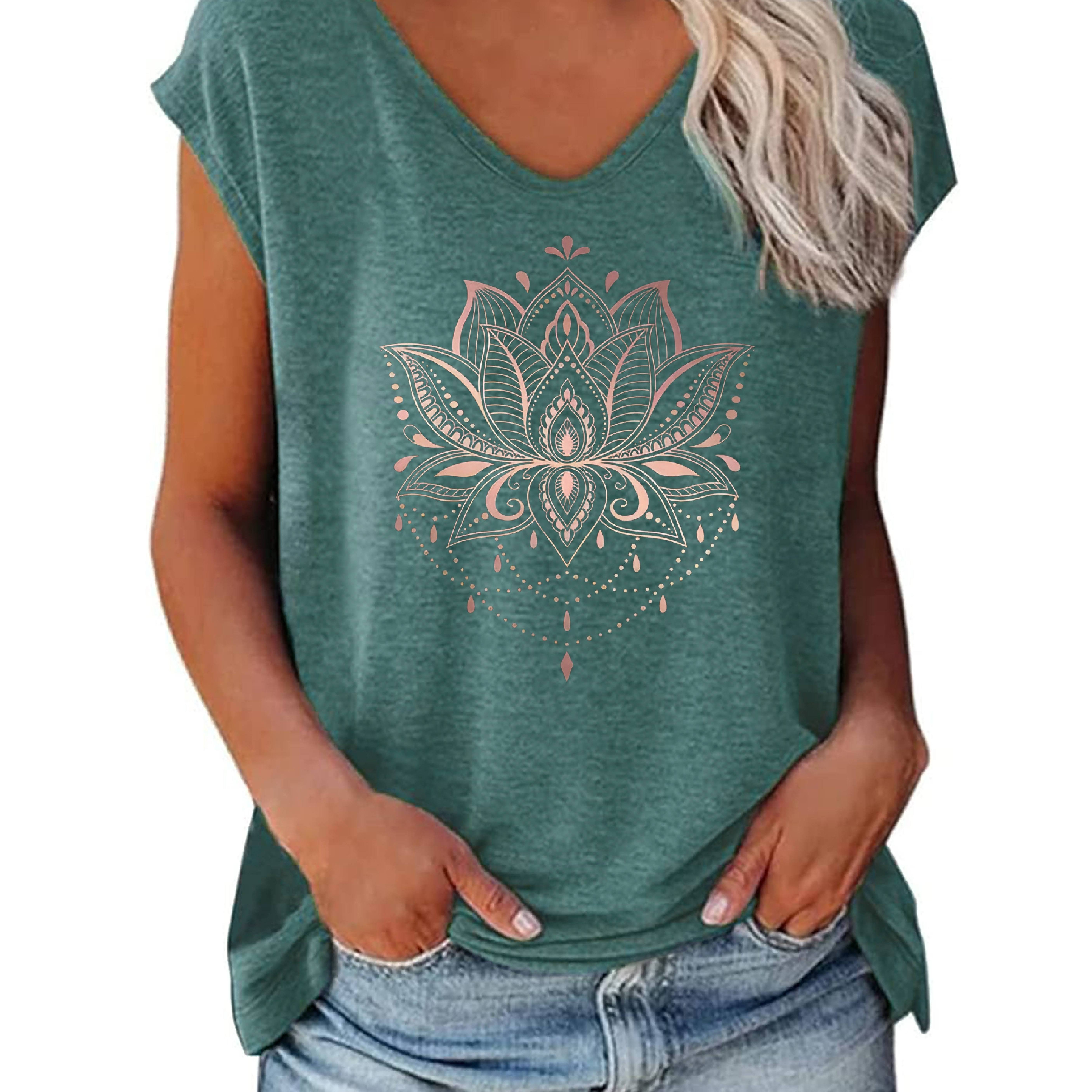 

Lotus Print V-neck T-shirt, Casual Cap Sleeve T-shirt For Spring & Summer, Women's Clothing