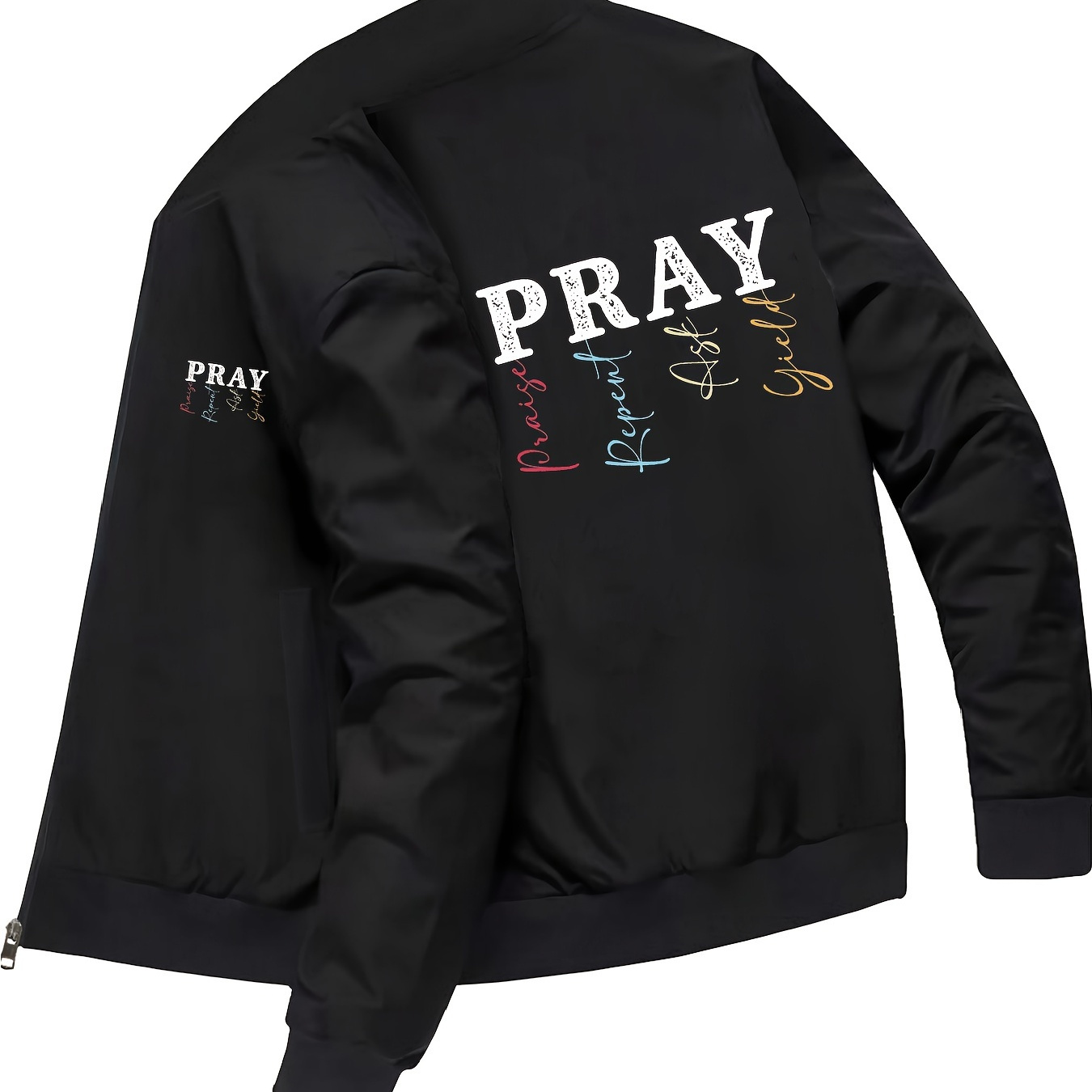 

Men's Varsity Style Baseball Collar Jacket - Casual Regular Fit, Elastic Knit Polyester With Pockets And Pray Print - Machine Washable