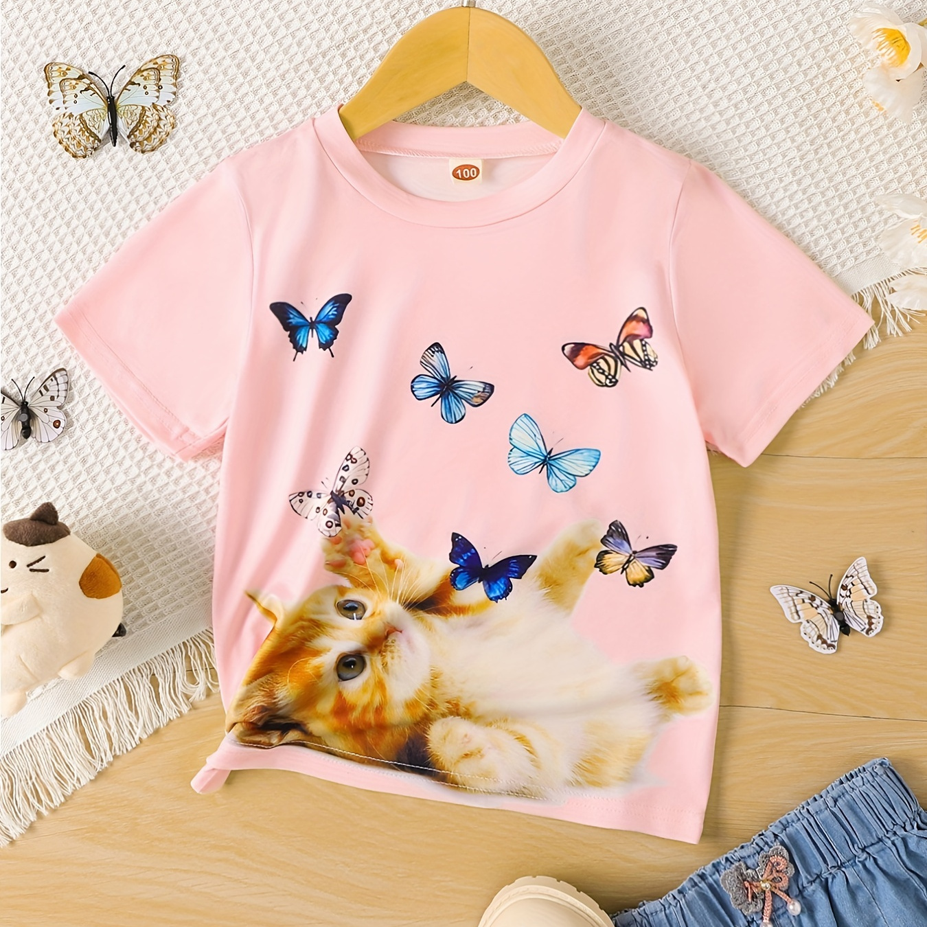 

Kitten & Butterflies Fun Graphic Girls Casual T-shirt, Kids Crewneck Short Sleeve Tee Summer Tops Clothes