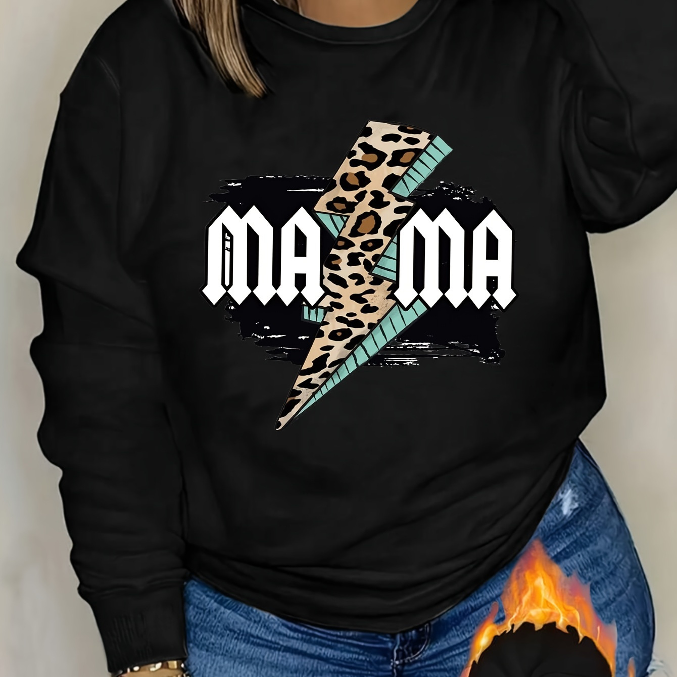 

Mama Print Sweatshirt, Long Sleeve Crew Neck Casual Sweatshirt For Winter & Fall, Women's Clothing