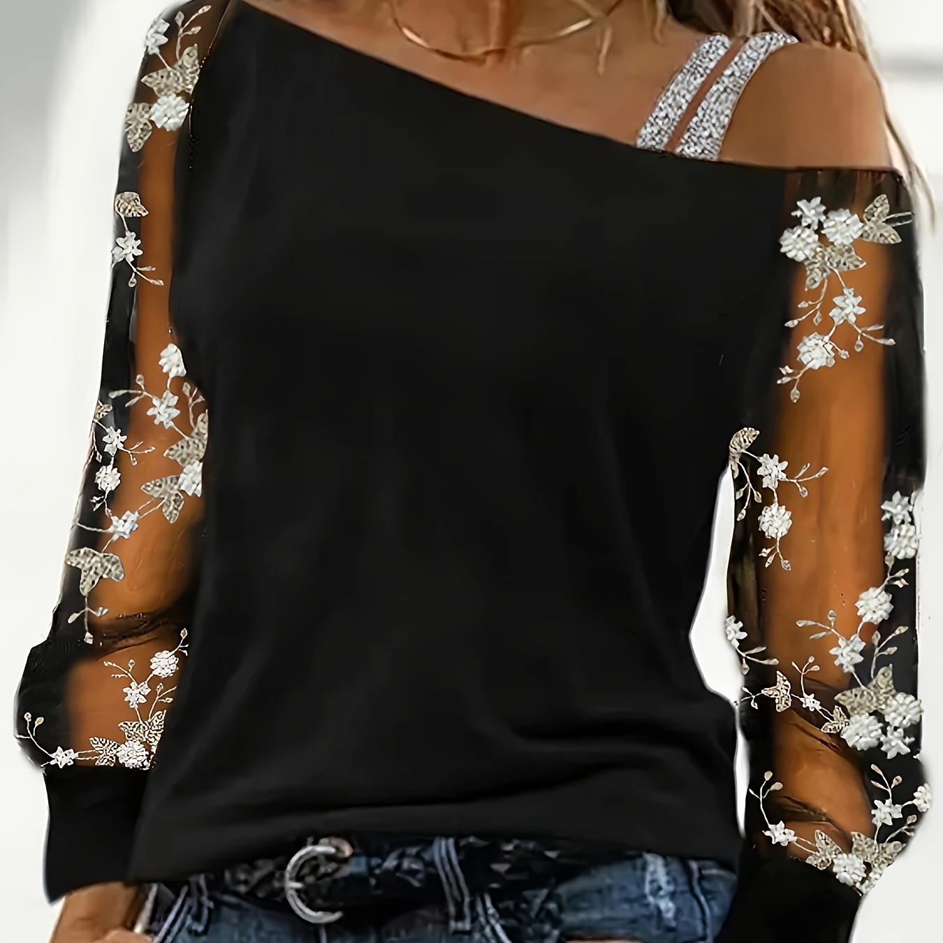 

Asymmetric Neck Floral Embroidered T-shirt, Elegant Long Illusion Sleeve Top For Spring & Summer, Women's Clothing