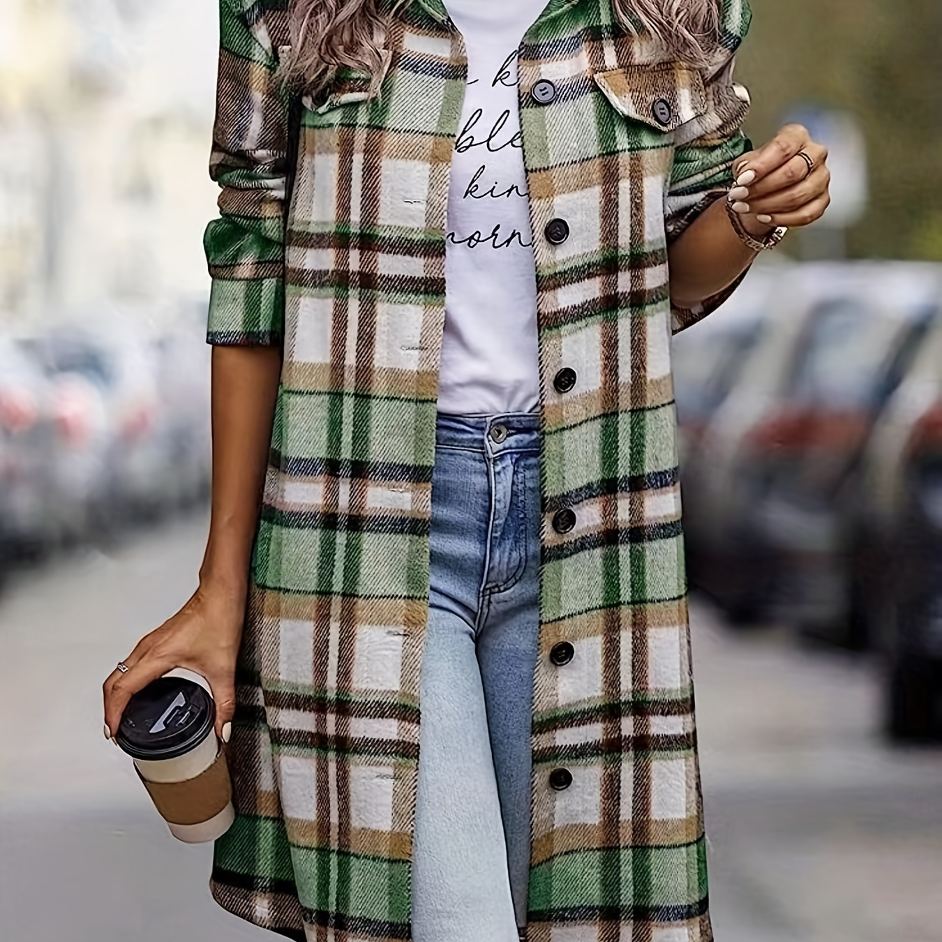 

Plaid Print Long Length Jacket, Elegant Button Front Long Sleeve Outerwear, Women's Clothing