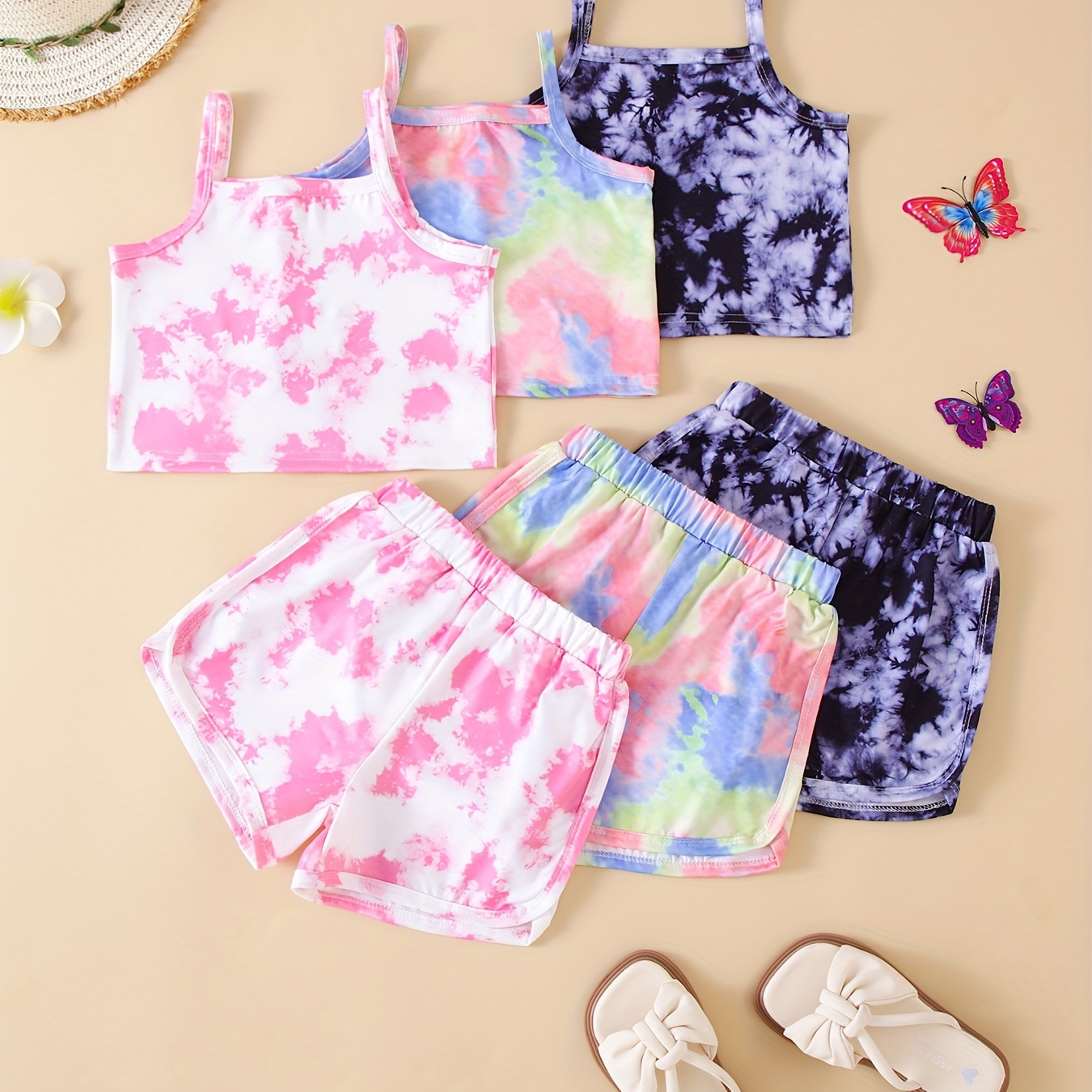 

Tie Dye 3 Sets Girl's Outfit, Camisole Tops + Shorts Casual Set, Holiday Summer Girls Clothes