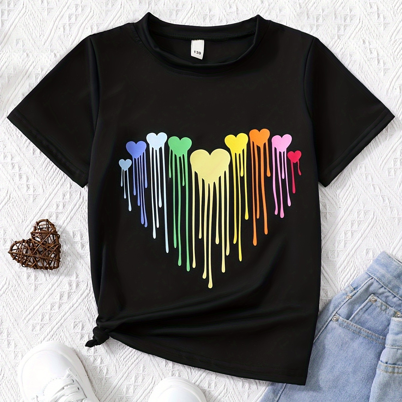 

Creative Rainbow Heart Graphic Crew Neck Short Sleeve T-shirt Pullover For Girls Summer Gift Valentine's Day