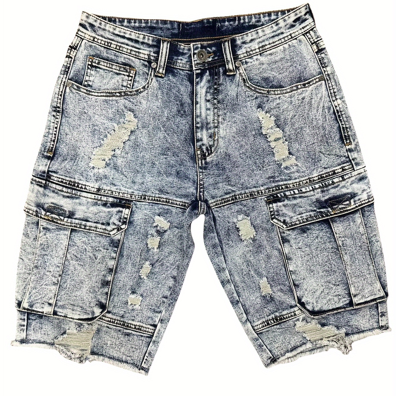 

Men's Denim Cargo Shorts, Distressed Look, Casual Relaxed Fit, Multiple Pockets, Frayed Hem, Knee-length, Size E911820-lb-e5