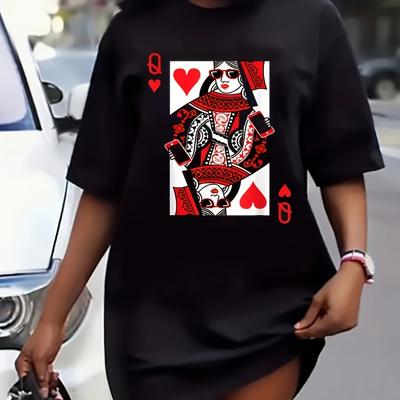 

Poker Card Graphic Print Tee Dress, Short Sleeve Crew Neck Casual Dress For Summer & Spring, Women's Clothing