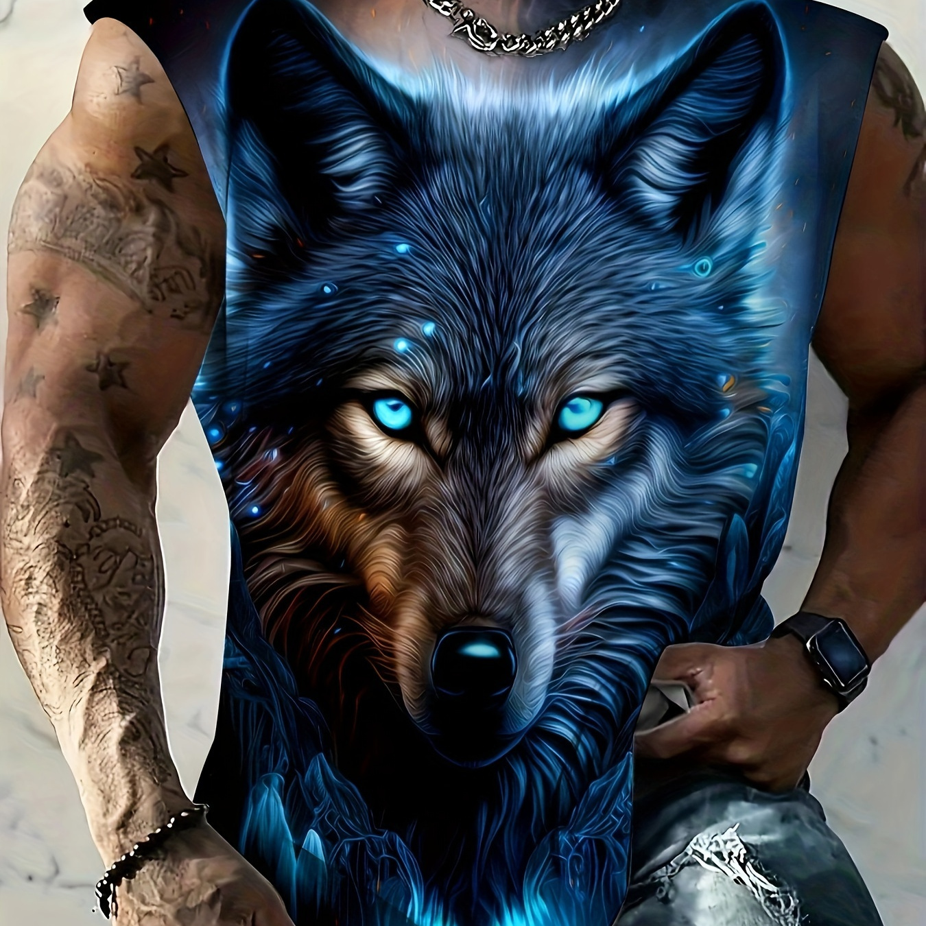 

Men's Plus Size Breathable Top - Casual Sleeveless Shirt With Wolf Print, Summer Fitness & Basketball Training, Plus Size