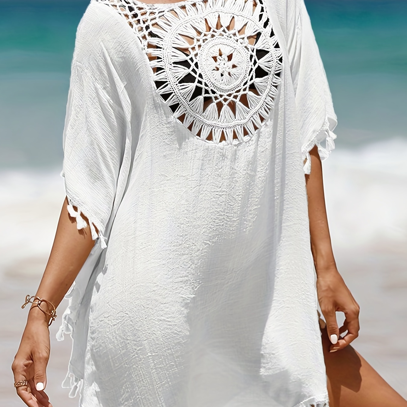 

Hollow Out Crochet Tassel Trim Boho Cover Up Dress, Solid Color Batwing Sleeve Loose Beach Kaftan, Women's Swimwear & Clothing For Carnival & Music Festival For Holiday