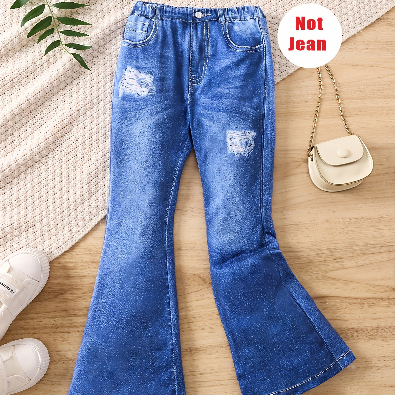 Faux Denim Print Flare Pants Girls Comfy Trendy Leggings - Temu Canada