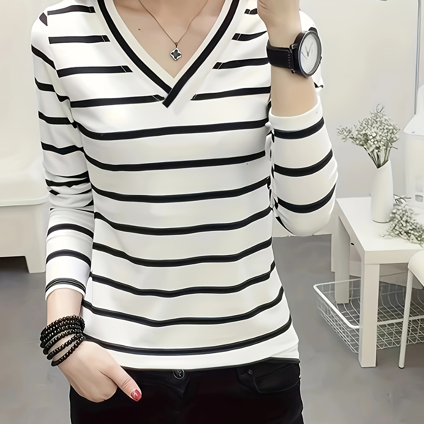 

Striped V Neck T-shirt, Casual Long Sleeve T-shirt For Spring & Fall, Women's Clothing