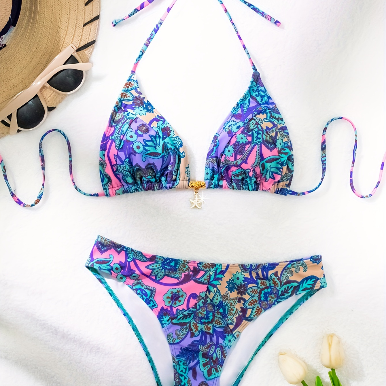 

Plant Graphic 2 Piece Set Bikini, Triangle Halter V Neck Tie Back Backless High Cut Swimsuits, Women's Swimwear & Clothing