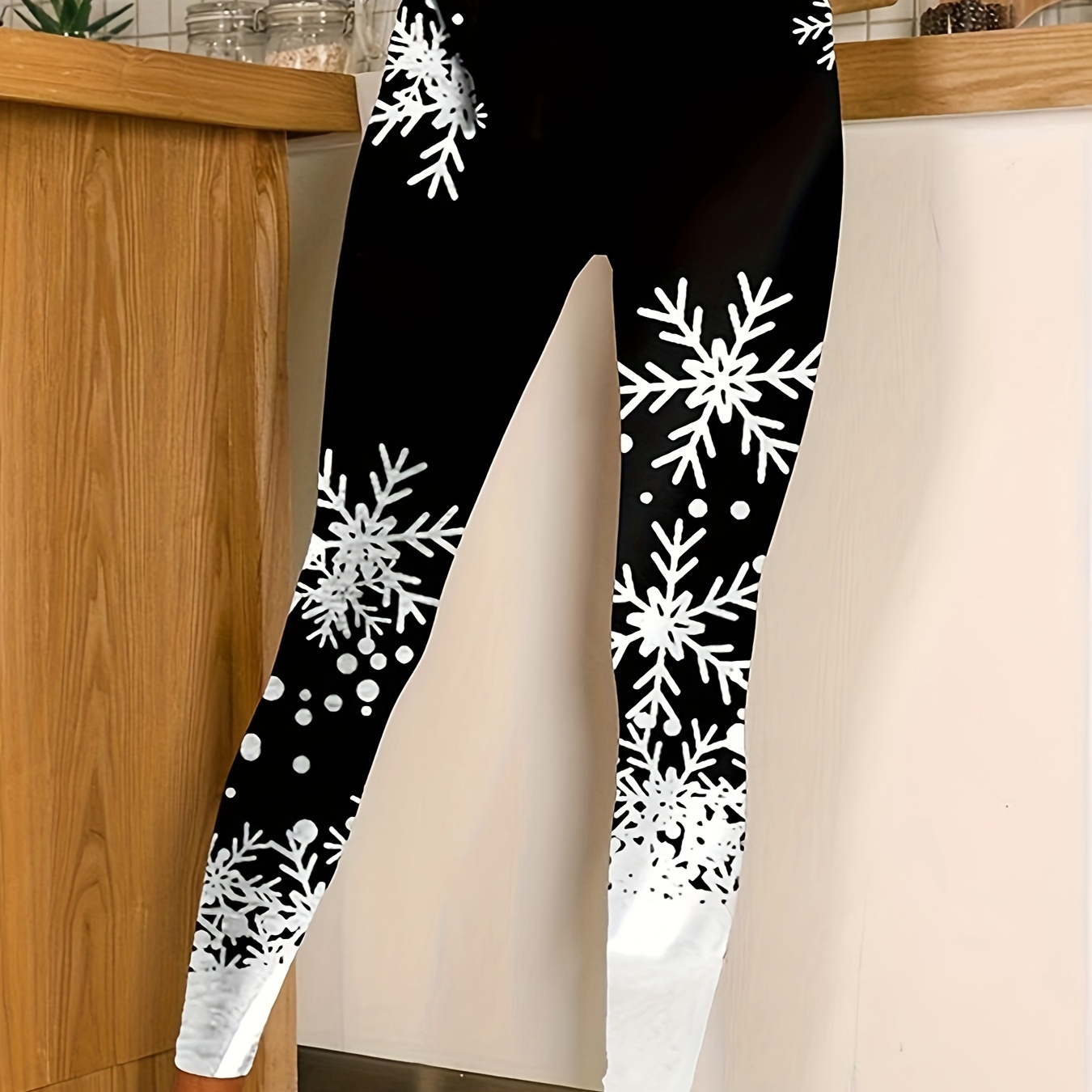 

1pc Elegant Christmas Printed Polyester Leggings For Women - Knit Fabric Stretch Jeggings With Santa Claus Pattern, Regular Fit Adult