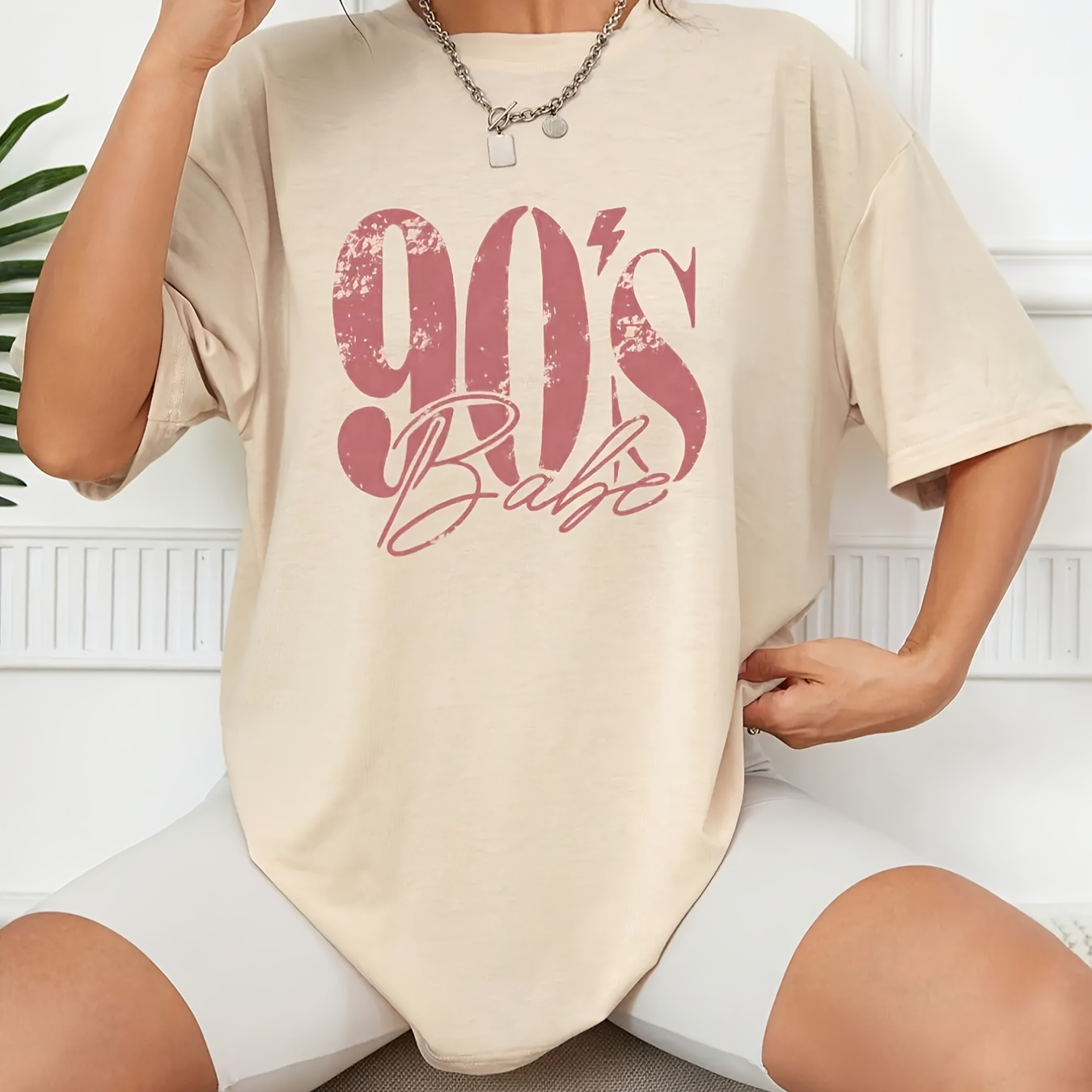 

Number & Letter Print Vintage T-shirt, Crew Neck Drop Shoulder Top For Spring & Summer, Women's Clothing