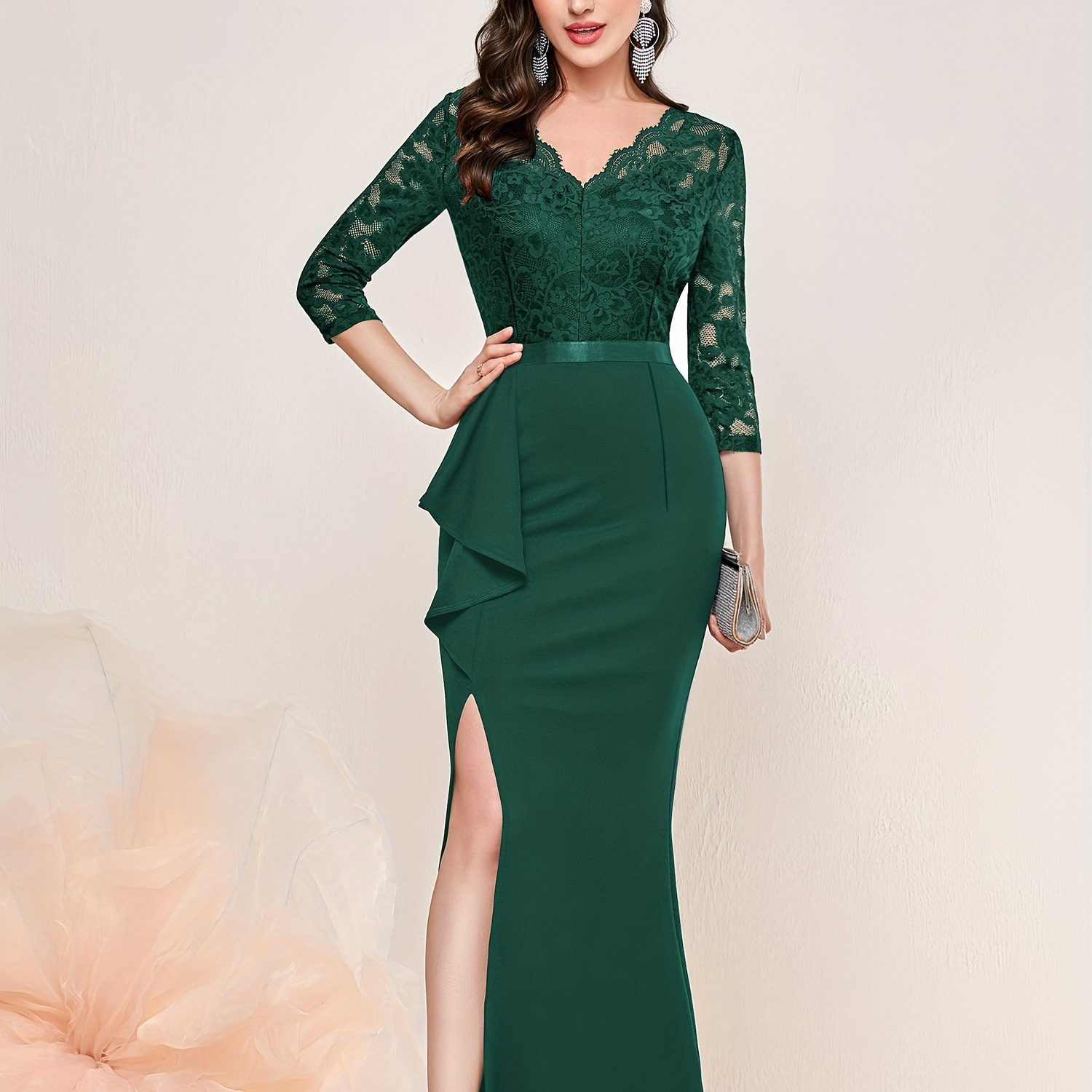 Solid Contrast Lace Dress, Elegant V Neck Sleeve Party A Line Dress ...