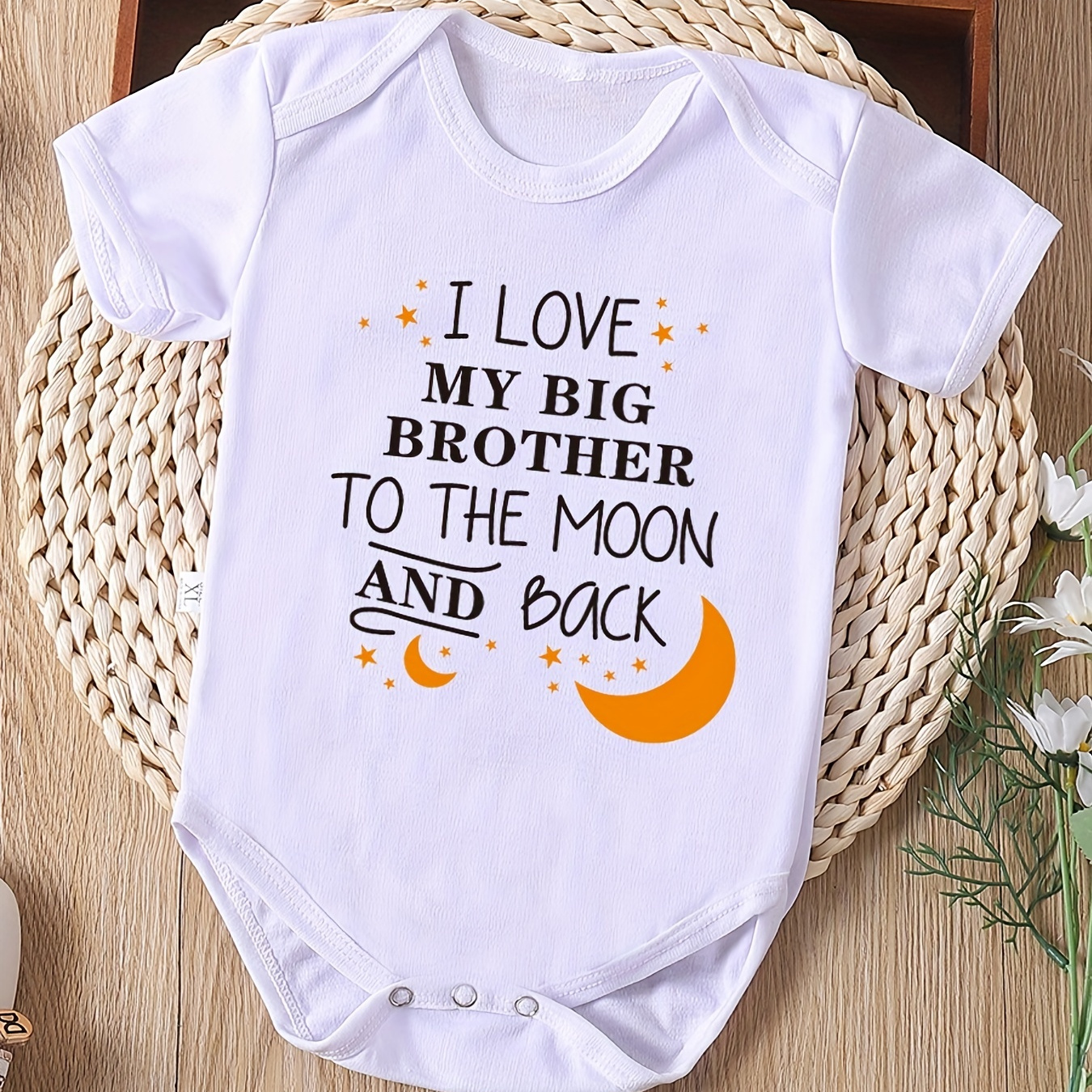 

i Love My Big Brother To The Moon And Back" Letters Print Bodysuit For Infants, Comfy Short Sleeve Onesie, Baby Girl's Clothing - I Love My Big Brother To The Moon And Back
