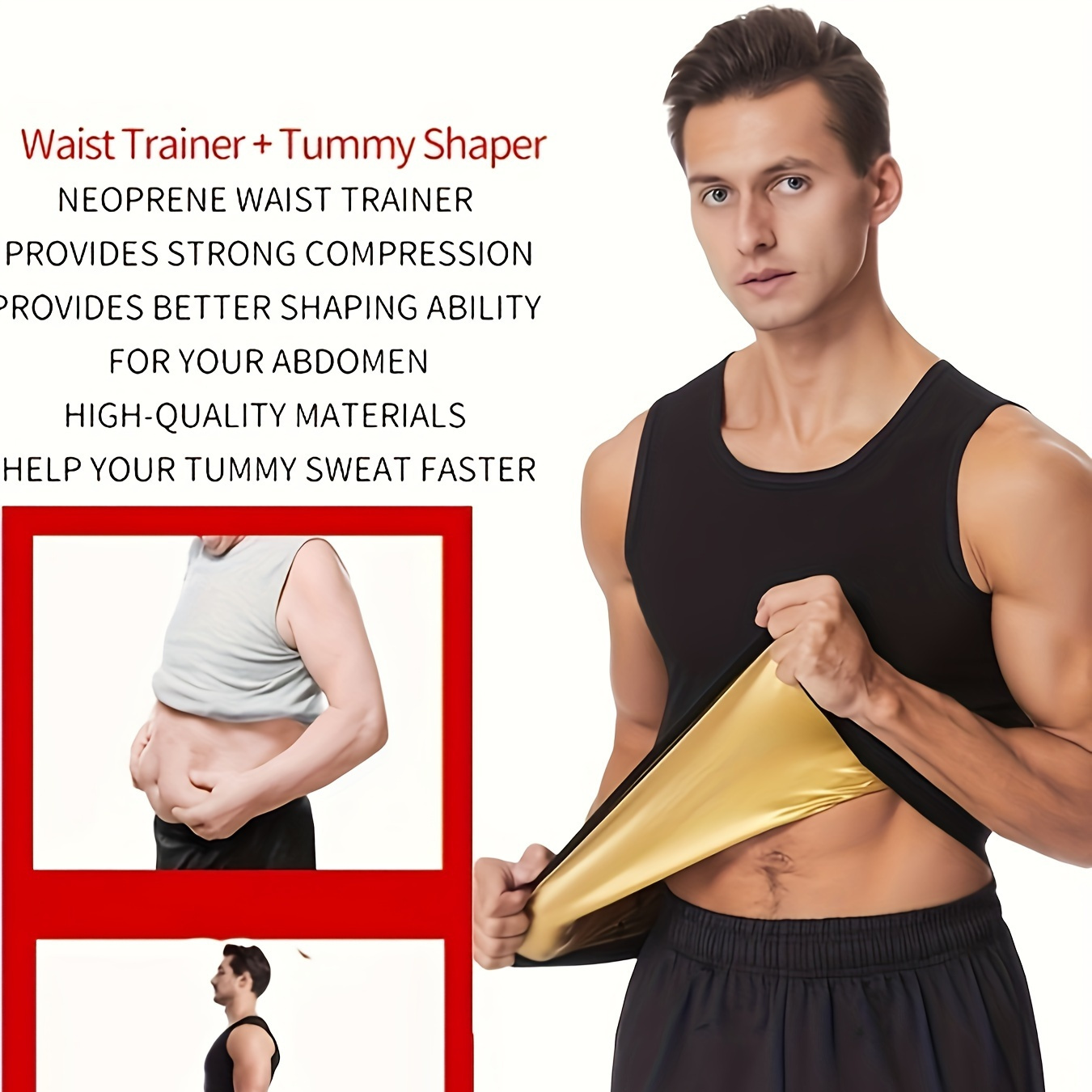 

Men's Golden Waist Trainer + Tummy Shaper Vest, Polyester 90% Spandex 10% , Crew Neck Sleeveless Knit Fabric, All Season Solid Color Pullovers, Medium Stretch For Abdominal