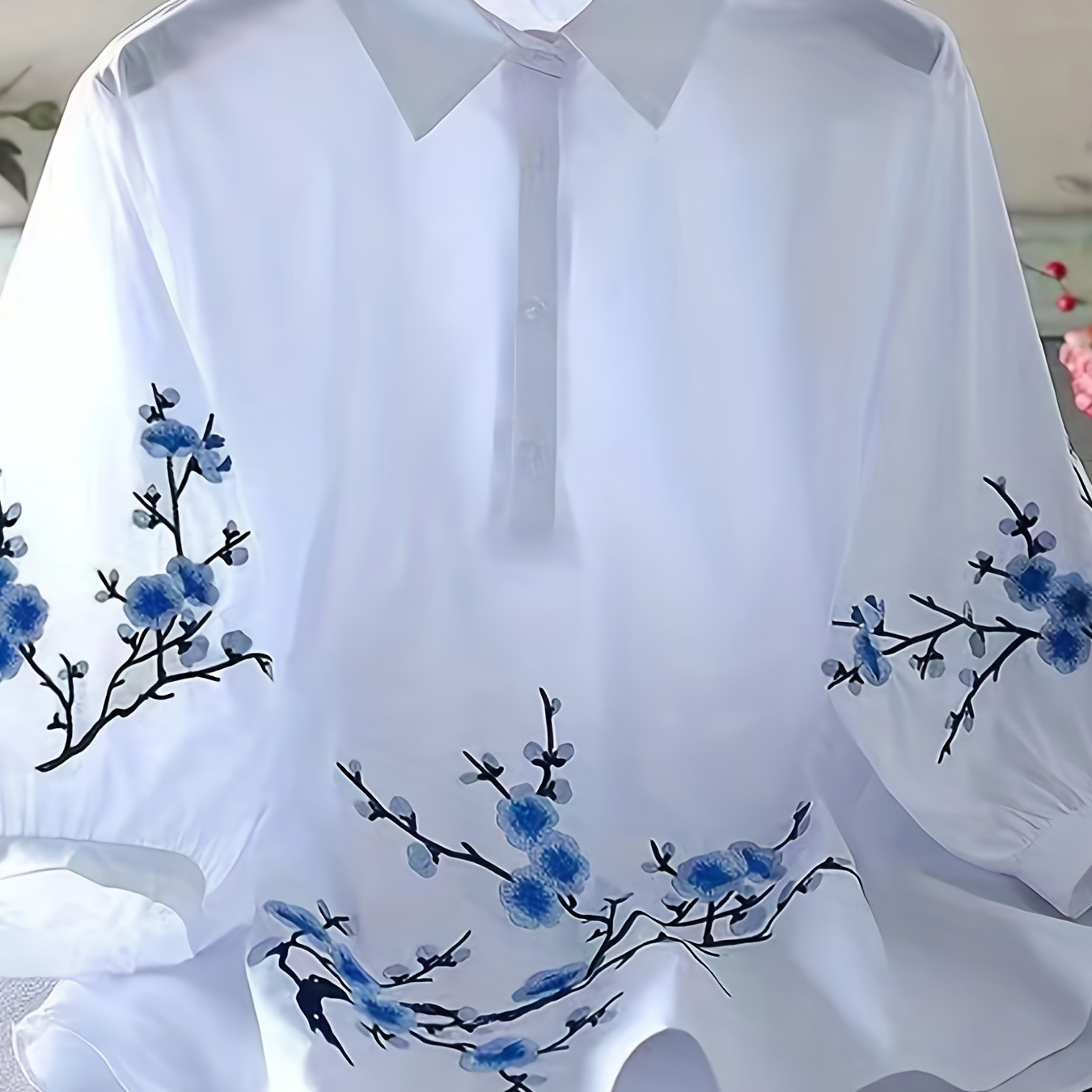 

Floral Embroidered Blouse, Elegant Buttons Ruched Blouse With A Collar, Women's Clothing